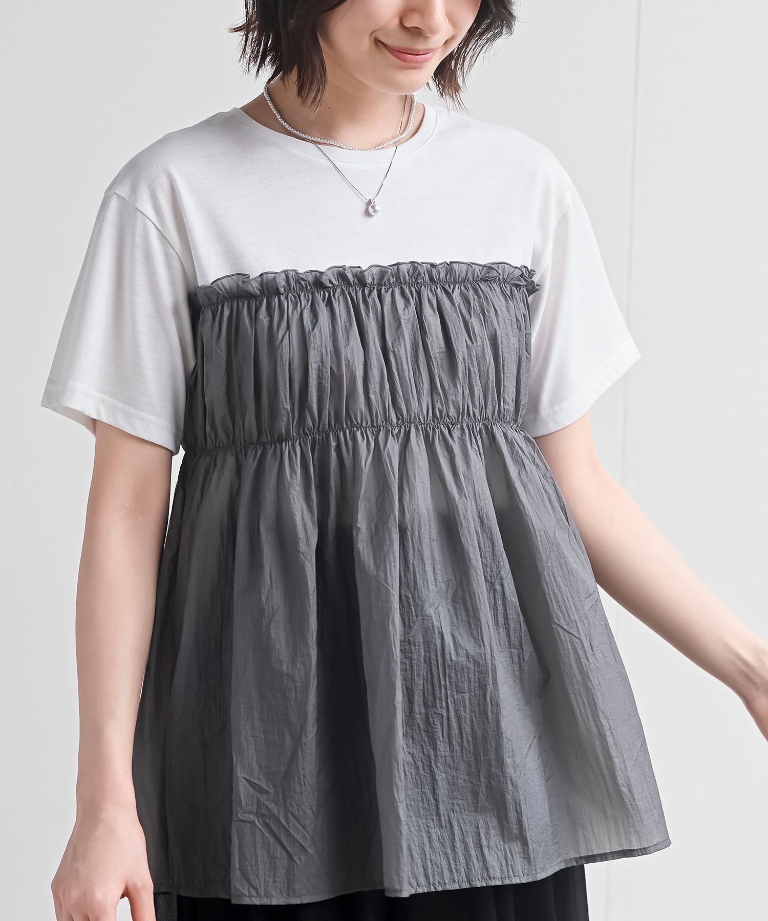【アールピーエス/rps】の異素材ドッキングT インテリア・キッズ・メンズ・レディースファッション・服の通販 founy(ファニー) 　ファッション　Fashion　レディースファッション　Fashion for Women　ギャザー　Gathered, Ruffled　シャーリング　Shirring, Ruched　シンプル　Simple, Minimal　ドッキング　Docking, Mixed Material　ビスチェ　Bustier, Corset Top　再入荷　Restock / Back in Stock　グレー|ID: prp329100004636199 ipo3291000000033547426