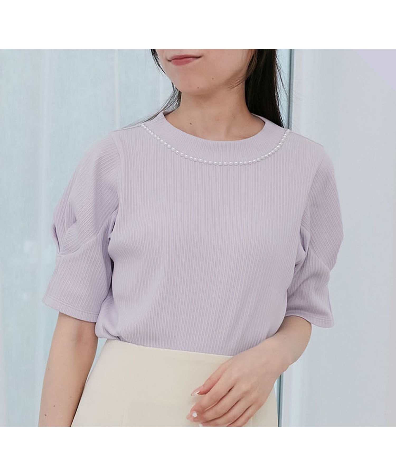 【マジェスティック レゴン/MAJESTIC LEGON】のネックパールリブトップス インテリア・キッズ・メンズ・レディースファッション・服の通販 founy(ファニー) 　ファッション　Fashion　レディースファッション　Fashion for Women　トップス・カットソー　Cut & Sew Tops　おすすめ　Recommended / Our Picks　ジャケット　Jacket, Outerwear　スラックス　Slacks, Dress Pants　ダウン　Down, Puffer　パール　Pearl, Pearl Accent　フィット　Fit, Slim Fit　フォルム　Silhouette, Form　エレガント 上品　Elegant　再入荷　Restock / Back in Stock　ラベンダー|ID: prp329100004636260 ipo3291000000033553679