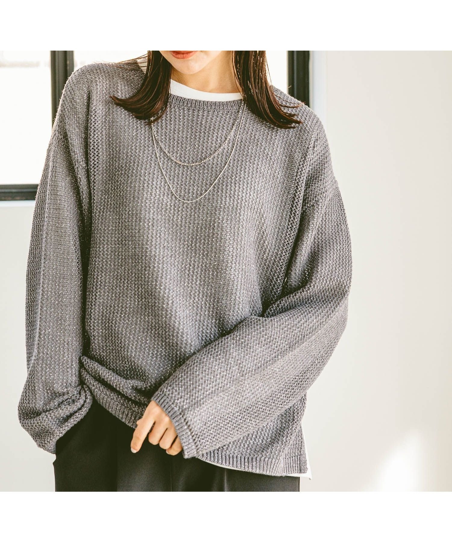 【グローバルワーク/GLOBAL WORK】のメッシュラメSETプルオーバー長袖/253296 人気、トレンドファッション・服の通販 founy(ファニー) 　ファッション　Fashion　レディースファッション　Fashion for Women　トップス・カットソー　Cut & Sew Tops　カジュアルプルオーバー・ニットトップス　Pullovers & Knit Tops / Casual Pullovers　おすすめ　Recommended / Our Picks　シャイニー　Shiny, Glossy Finish　デニム　Denim, Jeans Material　メッシュ　Mesh, Net Fabric　長袖　Long Sleeve, Full Sleeve　 other-1|ID: prp329100004636278 ipo3291000000033400691