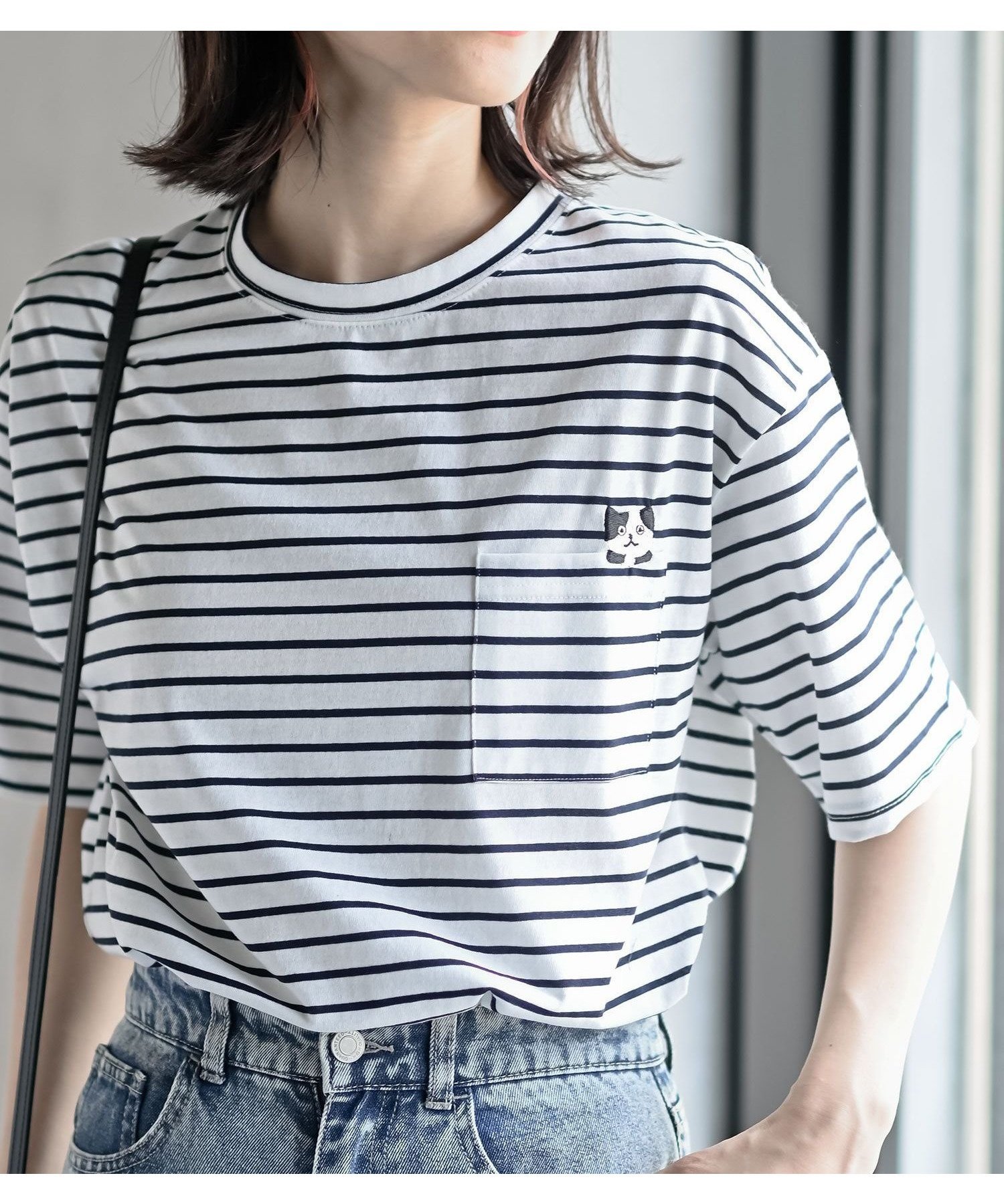 【アールピーエス/rps】のポケットキャット刺繍T インテリア・キッズ・メンズ・レディースファッション・服の通販 founy(ファニー) 　ファッション　Fashion　レディースファッション　Fashion for Women　カットソー　Cut and Sewn Top　ショルダー　Shoulder, Shoulder Strap　ドロップ　Drop Shoulder, Dropped Style　ベーシック　Basic, Essential　ポケット　Pocket, Pocket Detail　ミックス　Mix, Mixed Style　猫　Cat, Kitty　ボーダー|ID: prp329100004636313 ipo3291000000033501115