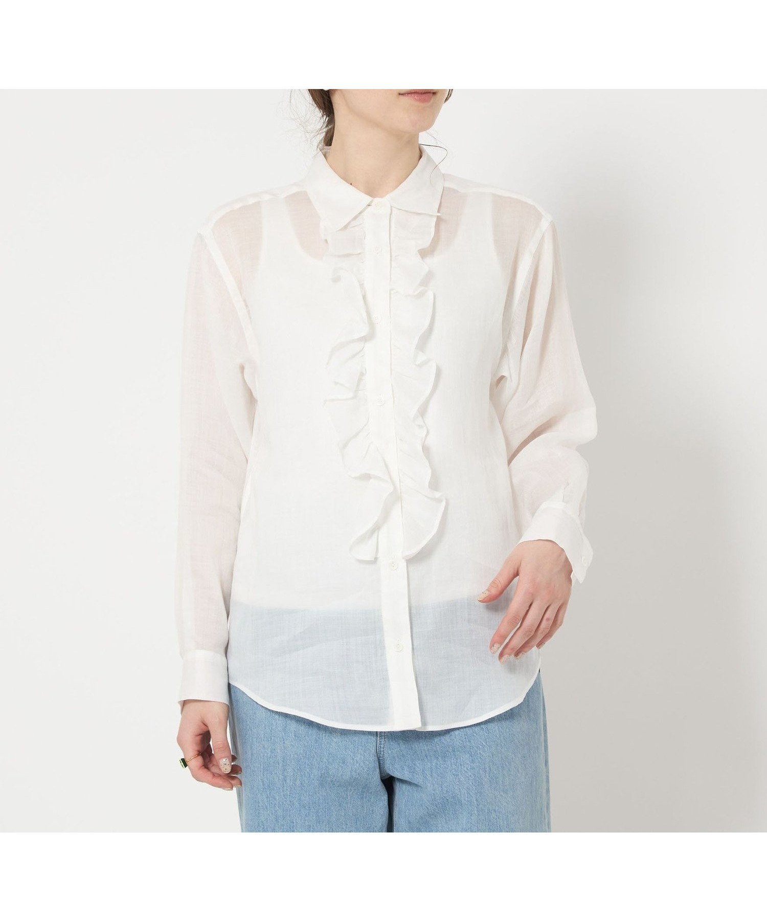 【ユナイテッドアローズ/UNITED ARROWS】のラミー ラッフルフリル ブラウス インテリア・キッズ・メンズ・レディースファッション・服の通販 founy(ファニー) 　ファッション　Fashion　レディースファッション　Fashion for Women　トップス・カットソー　Cut & Sew Tops　シャツ・ブラウス・オフィスカジュアル　Elegant Blouses & Button-Ups　おすすめ　Recommended / Our Picks　シアー　Sheer, See-Through　タンク　Tank Top, Sleeveless Top　デニム　Denim, Jeans Material　ノースリーブ　Sleeveless, No-Sleeve　フリル　Frill, Ruffle　WHITE|ID: prp329100004636418 ipo3291000000033402986