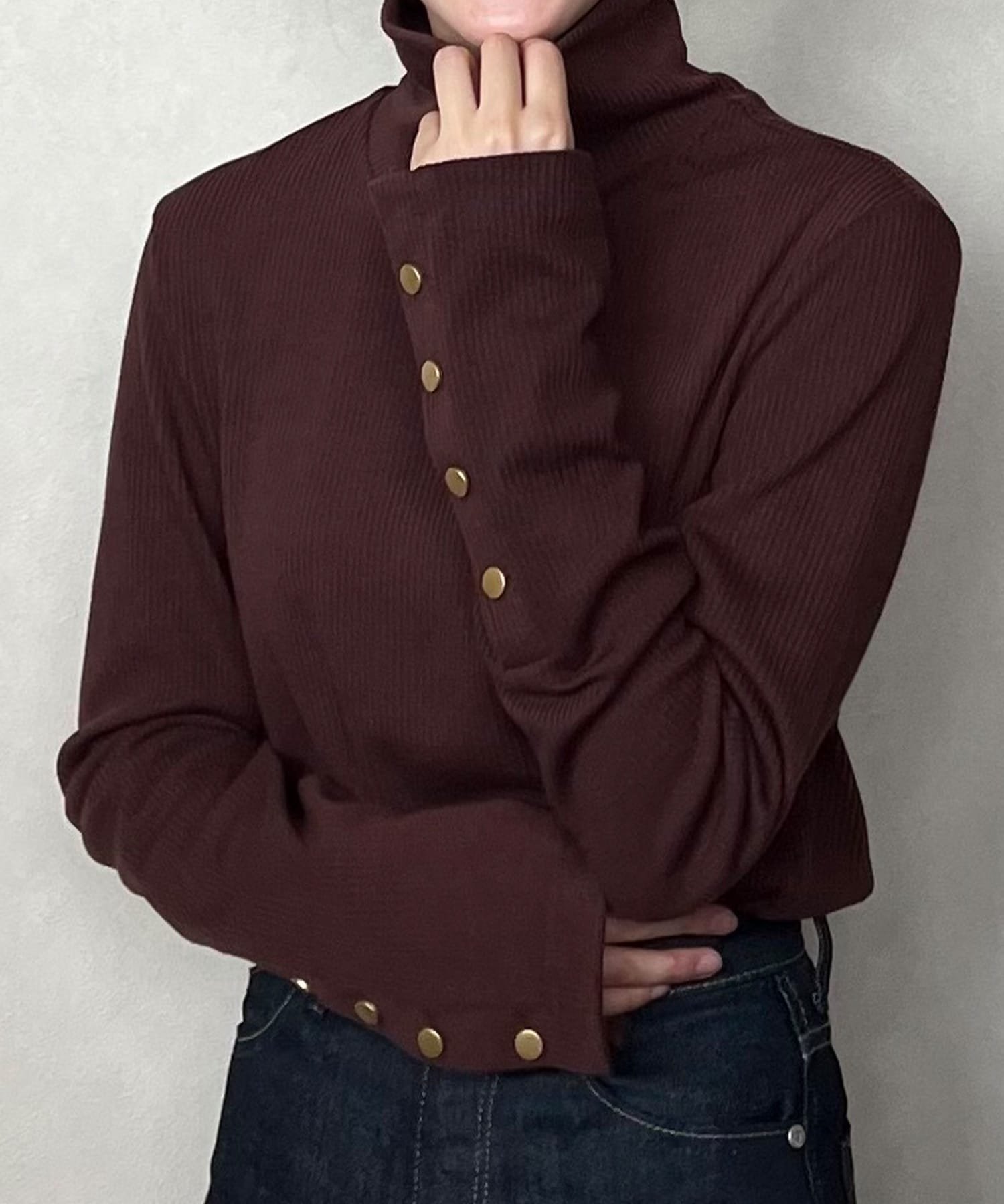 【ジュノア/JUNOAH】のタートルネック袖ボタンリブカットソー インテリア・キッズ・メンズ・レディースファッション・服の通販 founy(ファニー) 　ファッション　Fashion　レディースファッション　Fashion for Women　トップス・カットソー　Cut & Sew Tops　カットソー・ベーシックTシャツ　Cut-and-Sewn Tops / Stretch Tees & Basics　タートルネック・ハイネックトップス　Turtlenecks & High-Neck Tops　タートルネック　Turtleneck, High Neck　ブラウン|ID: prp329100004636422 ipo3291000000033546100