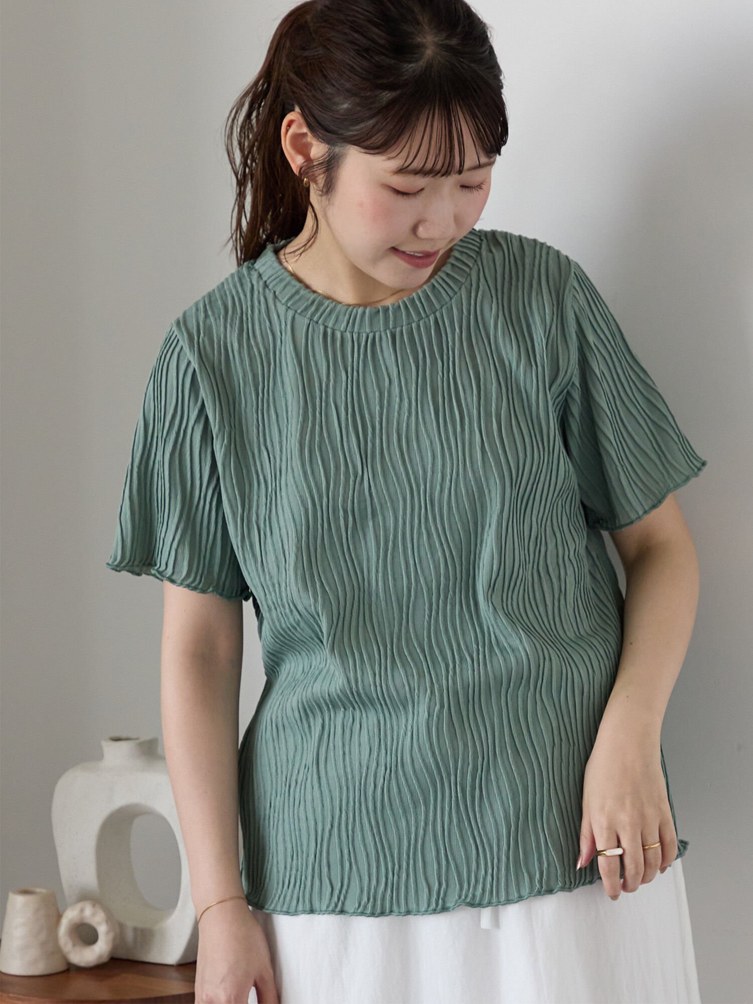 【エヘカソポ/ehka sopo】のジャガードカットソー インテリア・キッズ・メンズ・レディースファッション・服の通販 founy(ファニー) 　ファッション　Fashion　レディースファッション　Fashion for Women　トップス・カットソー　Cut & Sew Tops　カットソー・ベーシックTシャツ　Cut-and-Sewn Tops / Stretch Tees & Basics　インナー　Innerwear　カットソー　Cut and Sewn Top　シンプル　Simple, Minimal　ジャカード／ジャガード　Jacquard, Woven Pattern　グリーン|ID: prp329100004637343 ipo3291000000033597031