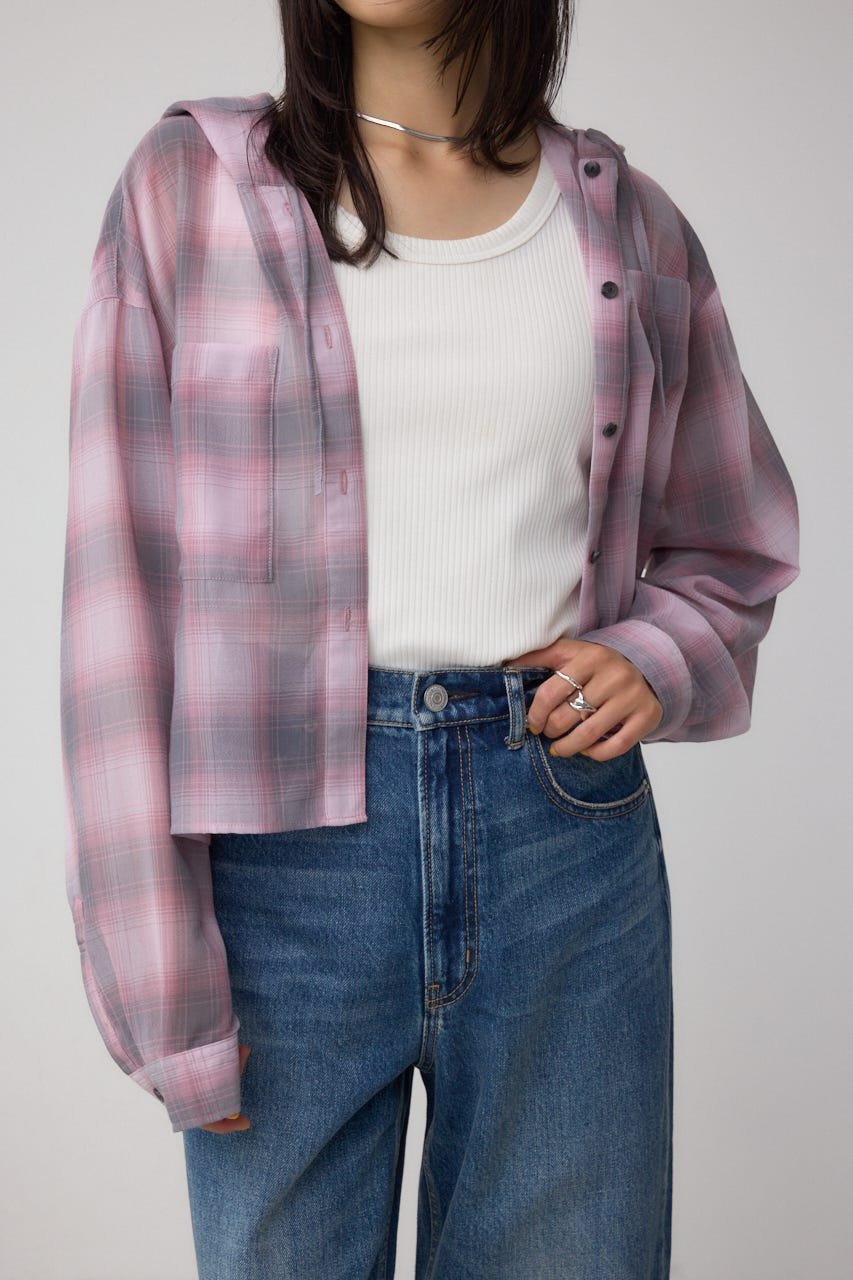 【アズール バイ マウジー/AZUL by moussy】のシアーチェックフードシャツ インテリア・キッズ・メンズ・レディースファッション・服の通販 founy(ファニー) 　ファッション　Fashion　レディースファッション　Fashion for Women　トップス・カットソー　Cut & Sew Tops　シャツ・ブラウス・オフィスカジュアル　Elegant Blouses & Button-Ups　おすすめ　Recommended / Our Picks　シアー　Sheer, See-Through　ショート　Short, Short Length　チェック　Check, Plaid, Tartan　デニム　Denim, Jeans Material　トレンド　Trend, Trending Now　夏　Summer　羽織　Haori, Light Jacket　柄PNK5|ID: prp329100004637678 ipo3291000000033605455