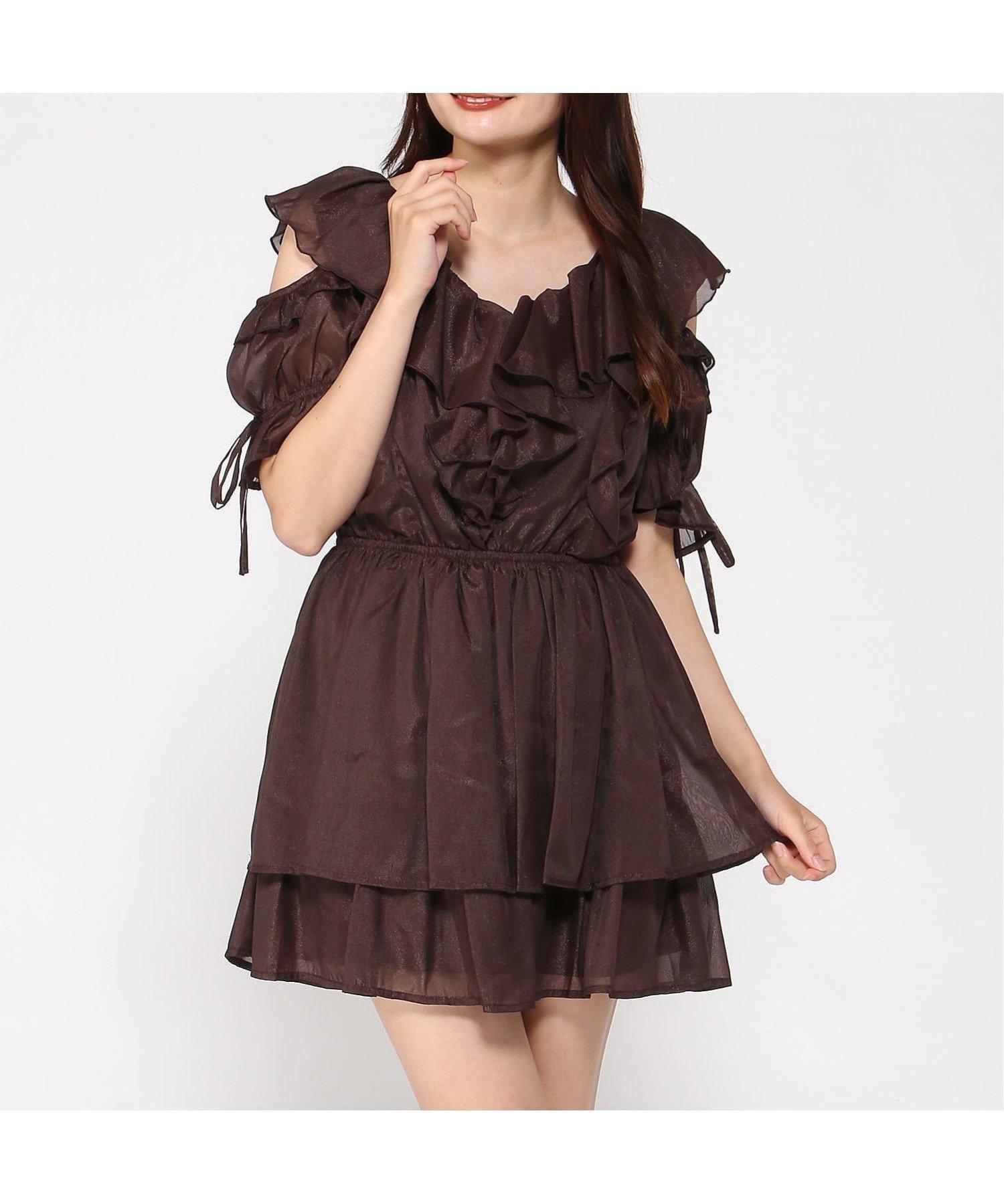 【イング/INGNI】のINGNI/肩開きフリルミニOP インテリア・キッズ・メンズ・レディースファッション・服の通販 founy(ファニー) 　ファッション　Fashion　レディースファッション　Fashion for Women　ワンピース　Dresses　フリル　Frill, Ruffle　ブラウン|ID: prp329100004637954 ipo3291000000033424405