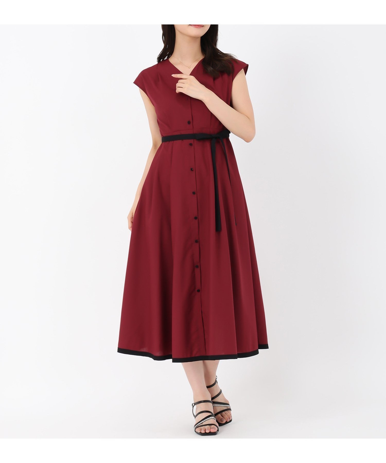 【ミッシュマッシュ/MISCH MASCH】のMM537411 配色フレンチスリーブワンピース インテリア・キッズ・メンズ・レディースファッション・服の通販 founy(ファニー) 　ファッション　Fashion　レディースファッション　Fashion for Women　ワンピース　Dresses　スリーブ　Sleeve, Long Sleeve / Short Sleeve　デコルテ　Décolleté, Neckline　フレンチ　French, French Style　リボン　Ribbon, Bow　ビジネス 仕事 通勤　Business / Work / Commuting　レッド|ID: prp329100004638135 ipo3291000000033426124