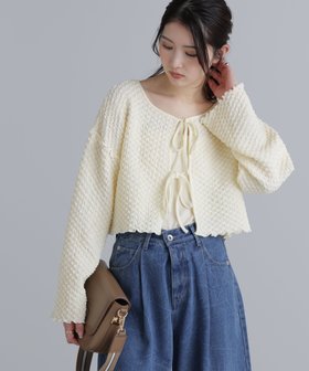 【フリーズマート/FREE'S MART】の前後2WAYぽこぽこリボンカーディガン 人気、トレンドファッション・服の通販 founy(ファニー) ファッション Fashion レディースファッション Fashion for Women トップス・カットソー Cut & Sew Tops カーディガン・羽織り Layered Style Cardigans イエロー Yellow カーディガン Cardigan, Knitwear ダブル Double, Double-Breasted デニム Denim, Jeans Material トレンド Trend, Trending Now リボン Ribbon, Bow |ID:prp329100004639015
