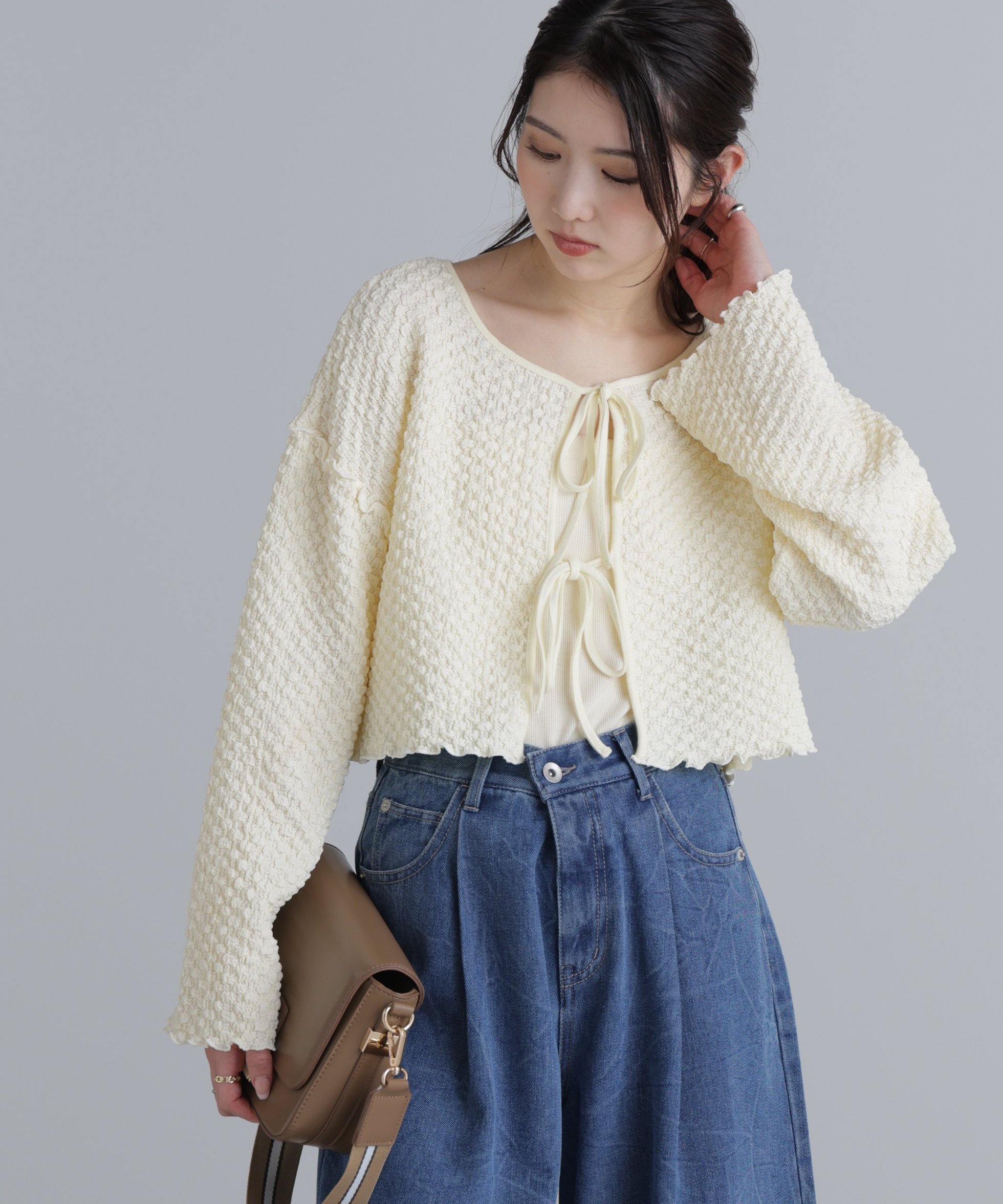 【フリーズマート/FREE'S MART】の前後2WAYぽこぽこリボンカーディガン 人気、トレンドファッション・服の通販 founy(ファニー) 　ファッション　Fashion　レディースファッション　Fashion for Women　トップス・カットソー　Cut & Sew Tops　カーディガン・羽織り　Layered Style Cardigans　イエロー　Yellow　カーディガン　Cardigan, Knitwear　ダブル　Double, Double-Breasted　デニム　Denim, Jeans Material　トレンド　Trend, Trending Now　リボン　Ribbon, Bow　 other-1|ID: prp329100004639015 ipo3291000000033438001