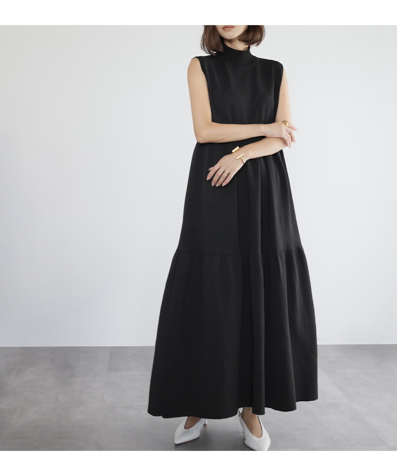 【ガール/GIRL】のハイネックニットティアードロングワンピース インテリア・キッズ・メンズ・レディースファッション・服の通販 founy(ファニー) 　ファッション　Fashion　レディースファッション　Fashion for Women　ワンピース　Dresses　ギャザー　Gathered, Ruffled　ジャケット　Jacket, Outerwear　ノースリーブ　Sleeveless, No-Sleeve　ハイネック　High Neck, Mock Neck　ベーシック　Basic, Essential　夏　Summer　BK|ID: prp329100004639688 ipo3291000000033445095