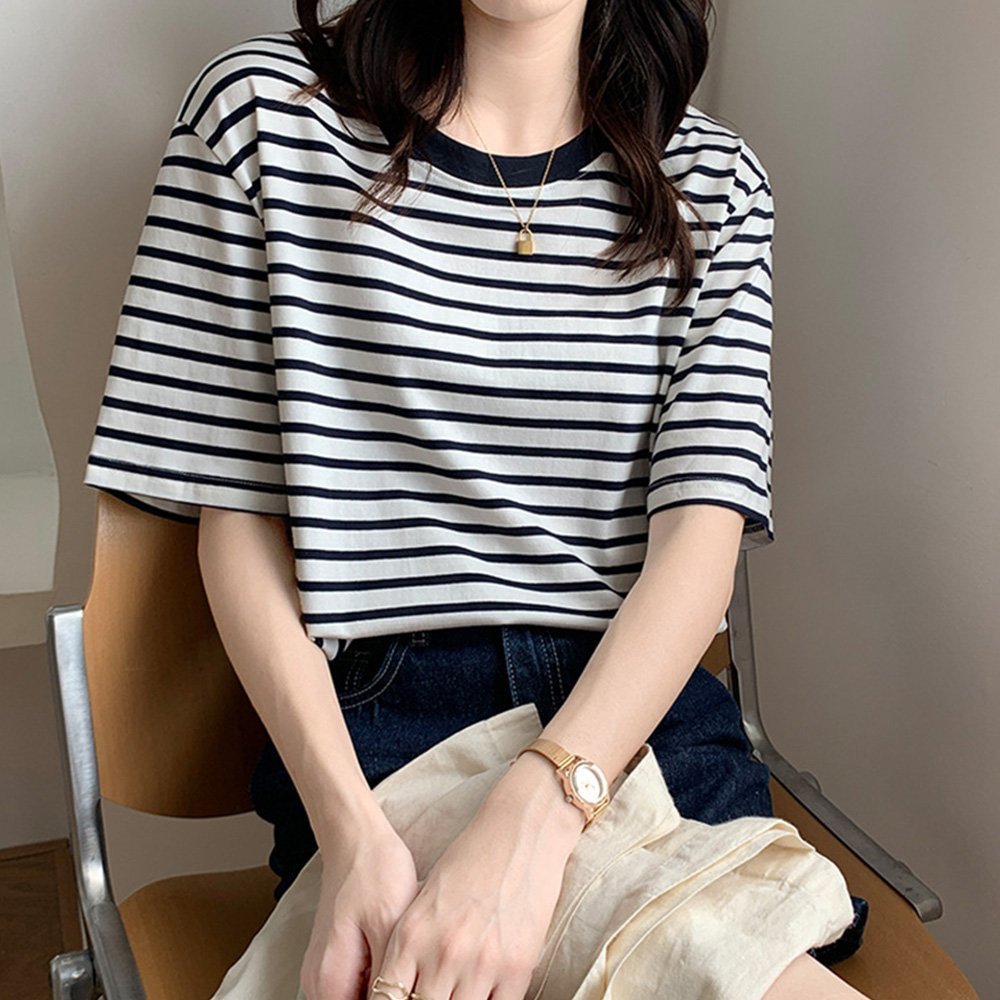 【ミニミニストア/miniministore】のカラーボーダー Tシャツ レディース半袖 インテリア・キッズ・メンズ・レディースファッション・服の通販 founy(ファニー) 　ファッション　Fashion　レディースファッション　Fashion for Women　トップス・カットソー　Cut & Sew Tops　シャツ・ブラウス・オフィスカジュアル　Elegant Blouses & Button-Ups　ロングTシャツ・Tシャツ　Longline T-Shirts & Tees　おすすめ　Recommended / Our Picks　イエロー　Yellow　デニム　Denim, Jeans Material　パイピング　Piping, Trim Design　プリーツ　Pleats, Pleated　ボーダー　Border, Stripe　半袖　Short Sleeve, Half Sleeve　夏　Summer　定番　Standard, Basic Item　ダークネイビー(黒より)|ID: prp329100004639706 ipo3291000000033593716