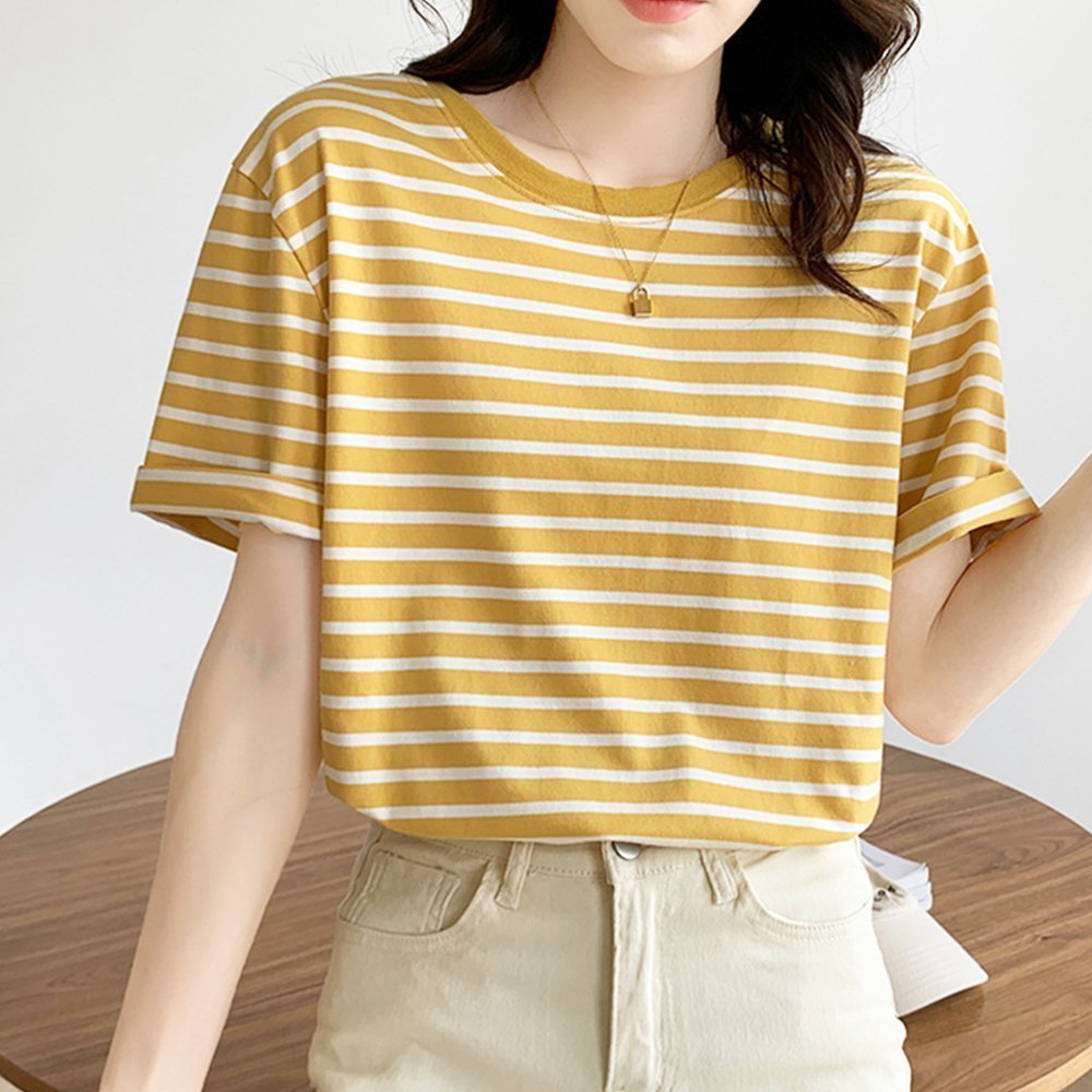 【ミニミニストア/miniministore】のカラーボーダー Tシャツ レディース半袖 インテリア・キッズ・メンズ・レディースファッション・服の通販 founy(ファニー) 　ファッション　Fashion　レディースファッション　Fashion for Women　トップス・カットソー　Cut & Sew Tops　シャツ・ブラウス・オフィスカジュアル　Elegant Blouses & Button-Ups　ロングTシャツ・Tシャツ　Longline T-Shirts & Tees　おすすめ　Recommended / Our Picks　イエロー　Yellow　デニム　Denim, Jeans Material　パイピング　Piping, Trim Design　プリーツ　Pleats, Pleated　ボーダー　Border, Stripe　半袖　Short Sleeve, Half Sleeve　夏　Summer　定番　Standard, Basic Item　イエロー|ID: prp329100004639706 ipo3291000000033593717