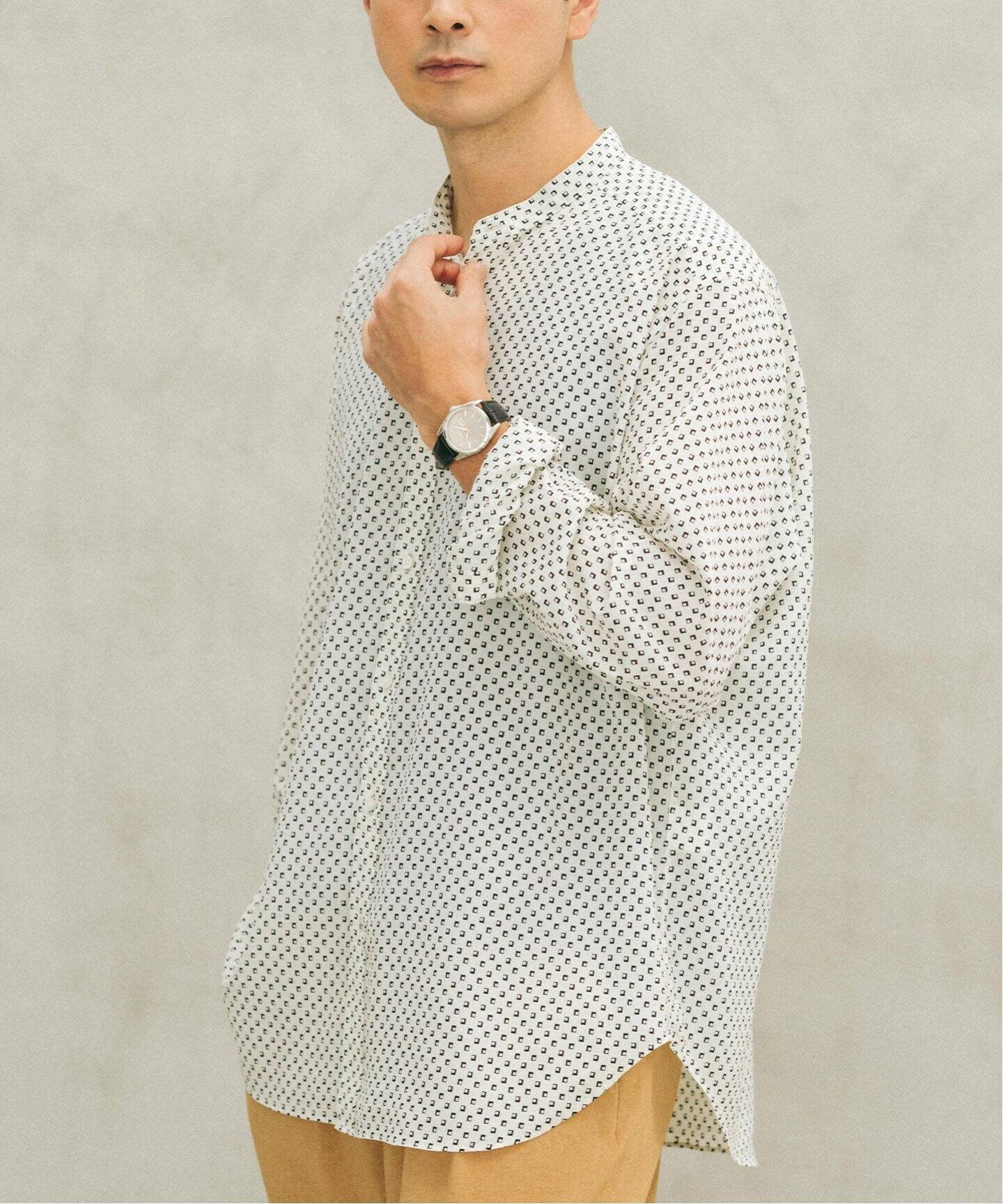 【エディフィス/EDIFICE / MEN】のパターンデシンスタンドカラーシャツ インテリア・キッズ・メンズ・レディースファッション・服の通販 founy(ファニー) 　ファッション　Fashion　メンズファッション　Fashion for Men　とろみ　Fluid, Flowy Fabric　ギャザー　Gathered, Ruffled　シルク　Silk, 100% Silk　ドレープ　Drape, Draping Fabric　パターン　Pattern, Design Print　フィット　Fit, Slim Fit　フランス　France, French　ヨーク　Yoke, Yoke Design　リラックス　Relax, Relaxed Fit　ループ　Loop, Loop Knit　エレガント 上品　Elegant　ホワイト|ID: prp329100004640289 ipo3291000000033453307