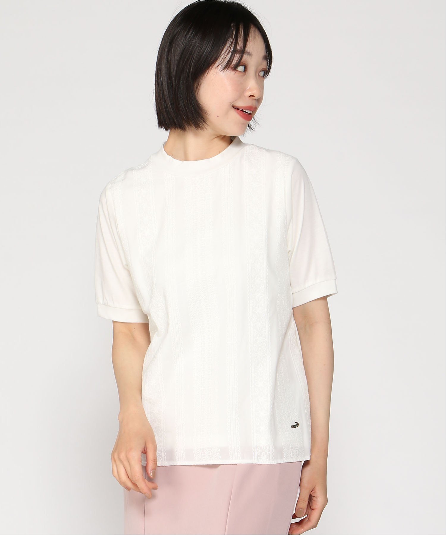 【クロコダイル/CROCODILE】のレース刺繍 ドッキング カットソー インテリア・キッズ・メンズ・レディースファッション・服の通販 founy(ファニー) 　ファッション　Fashion　レディースファッション　Fashion for Women　トップス・カットソー　Cut & Sew Tops　カットソー・ベーシックTシャツ　Cut-and-Sewn Tops / Stretch Tees & Basics　カットソー　Cut and Sewn Top　スタンド　Stand Collar, Upright Stand　ドッキング　Docking, Mixed Material　パープル　Purple, Violet　レース　Lace, Lace Fabric　エレガント 上品　Elegant　ホワイト|ID: prp329100004640351 ipo3291000000033454805