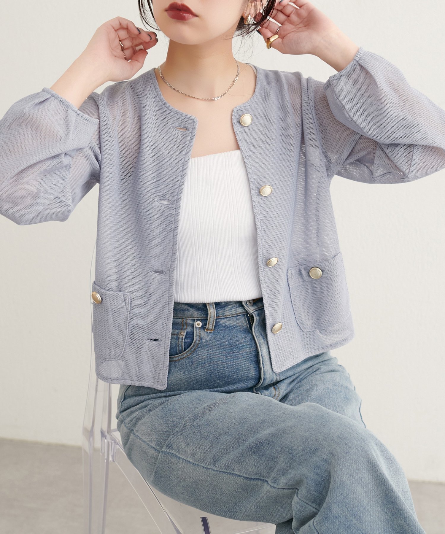 【ナチュラルクチュール/natural couture】の【WEB限定】ラッセルノーカラー羽織ジャケット インテリア・キッズ・メンズ・レディースファッション・服の通販 founy(ファニー) 　ファッション　Fashion　レディースファッション　Fashion for Women　アウター　Coat / Outerwear Collection　レディースジャケット・軽アウター　Jackets　2025年　2025　2025-2026秋冬・A/W　Autumn/Winter 2025–26 AW25–26　おすすめ　Recommended / Our Picks　ジャケット　Jacket, Outerwear　タンク　Tank Top, Sleeveless Top　デニム　Denim, Jeans Material　フェミニン　Feminine, Girly　フラップ　Flap, Flap Pocket　フロント　Front, Front Design　ポケット　Pocket, Pocket Detail　メタル　Metal, Metal Parts　ラッセル　Raschel, Raschel Lace　ワイド　Wide, Wide Fit　羽織　Haori, Light Jacket　グレー|ID: prp329100004640530 ipo3291000000033457174