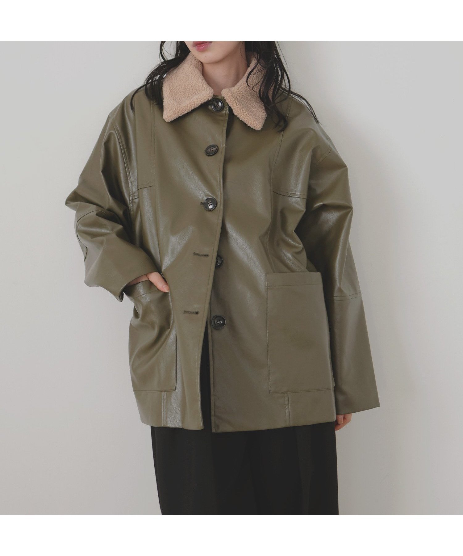 【リアン/Lian】のボア襟フェイクレザーカバーオールジャケット インテリア・キッズ・メンズ・レディースファッション・服の通販 founy(ファニー) 　ファッション　Fashion　レディースファッション　Fashion for Women　アウター　Coat / Outerwear Collection　レディースジャケット・軽アウター　Jackets　カーキ|ID: prp329100004640534 ipo3291000000033457207