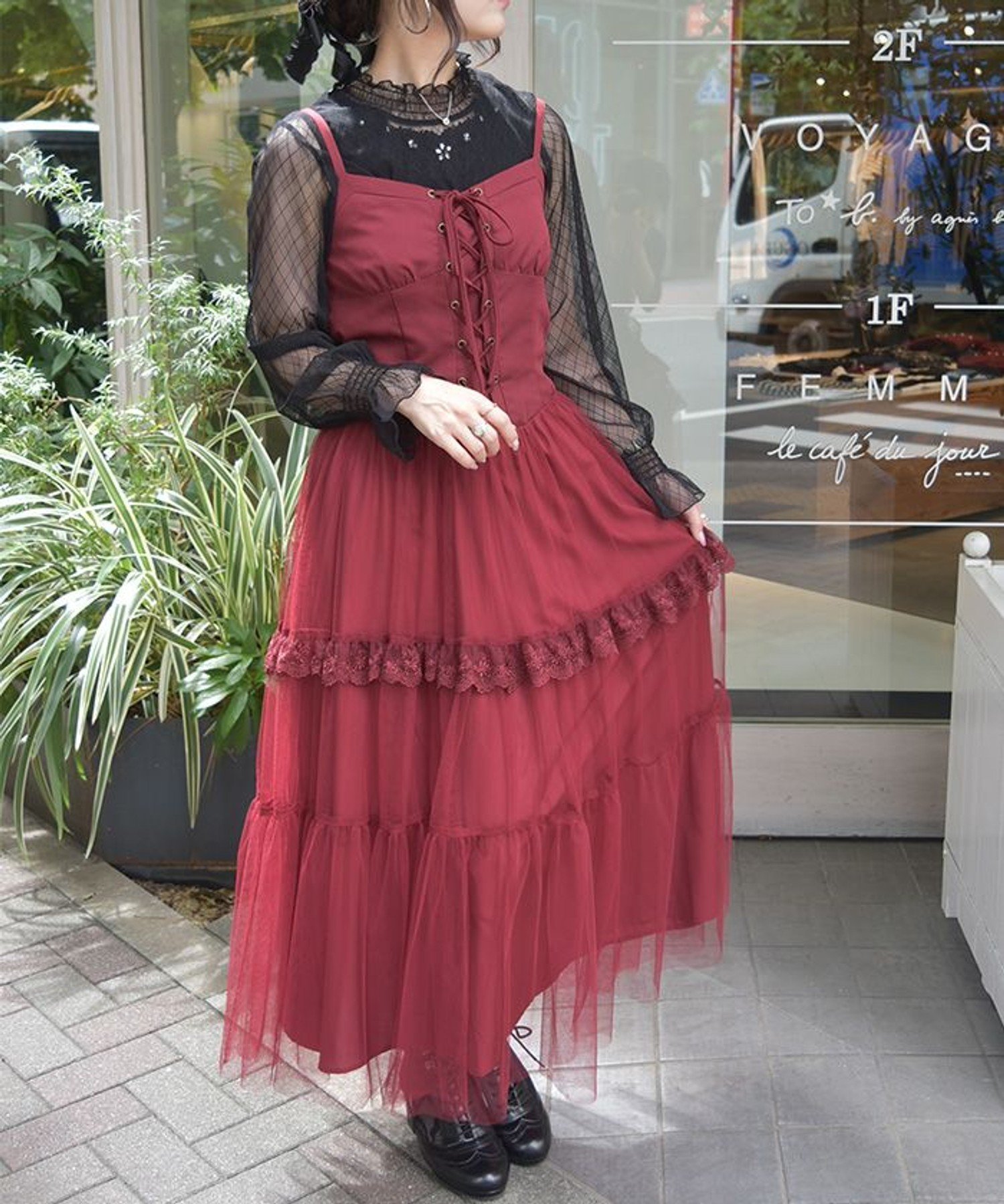 【アクシーズファム/axes femme】のコルセット風編上ジャンスカ インテリア・キッズ・メンズ・レディースファッション・服の通販 founy(ファニー) 　ファッション　Fashion　レディースファッション　Fashion for Women　インナー　Innerwear　クラシカル　Classical, Vintage-Inspired　コルセット　Corset, Bustier　シアー　Sheer, See-Through　シャーリング　Shirring, Ruched　チュール　Tulip, Tulip Motif　バランス　Balance, Style Balance　フロント　Front, Front Design　ミックス　Mix, Mixed Style　レース　Lace, Lace Fabric　ロング　Long, Long-Length　ワイン|ID: prp329100004640629 ipo3291000000033458128