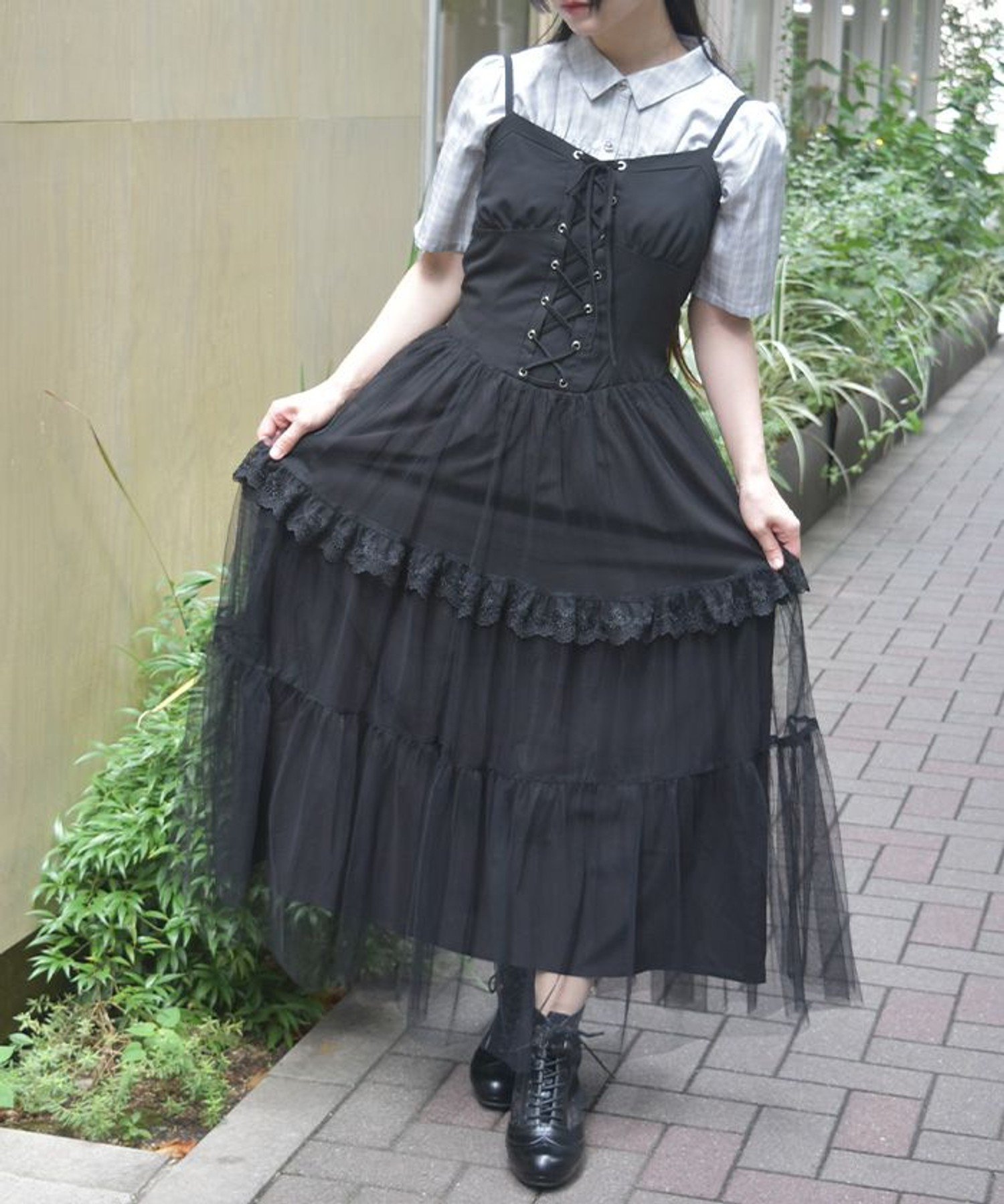 【アクシーズファム/axes femme】のコルセット風編上ジャンスカ インテリア・キッズ・メンズ・レディースファッション・服の通販 founy(ファニー) 　ファッション　Fashion　レディースファッション　Fashion for Women　インナー　Innerwear　クラシカル　Classical, Vintage-Inspired　コルセット　Corset, Bustier　シアー　Sheer, See-Through　シャーリング　Shirring, Ruched　チュール　Tulip, Tulip Motif　バランス　Balance, Style Balance　フロント　Front, Front Design　ミックス　Mix, Mixed Style　レース　Lace, Lace Fabric　ロング　Long, Long-Length　黒|ID: prp329100004640629 ipo3291000000033458130