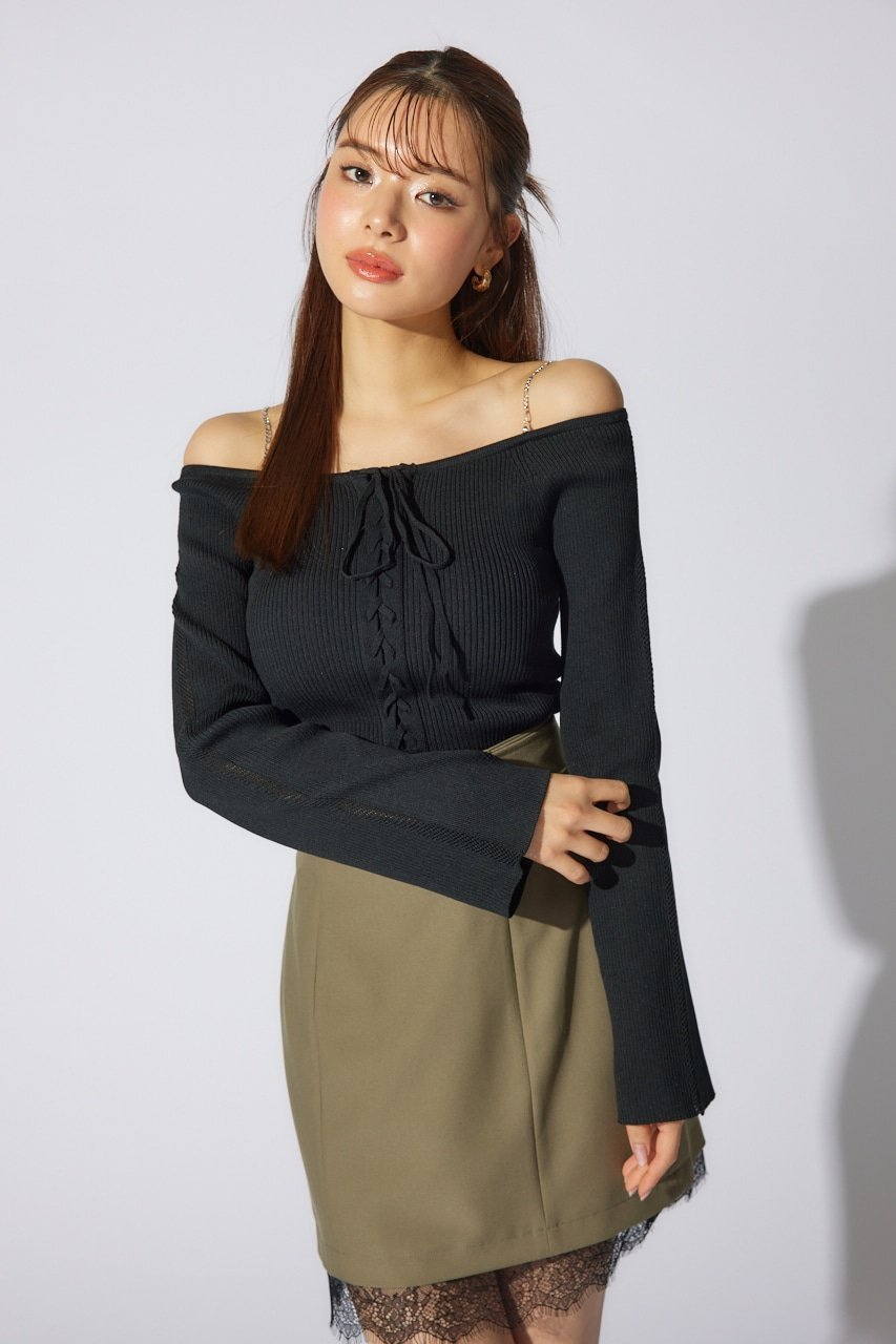 【リエンダ/rienda】のmanywayオフショルニットトップス インテリア・キッズ・メンズ・レディースファッション・服の通販 founy(ファニー) 　ファッション　Fashion　レディースファッション　Fashion for Women　トップス・カットソー　Cut & Sew Tops　ニット　Knit Tops & Sweaters　チェーン　Chain, Chain Strap　デコルテ　Décolleté, Neckline　デニム　Denim, Jeans Material　再入荷　Restock / Back in Stock　BLK|ID: prp329100004641047 ipo3291000000033598401