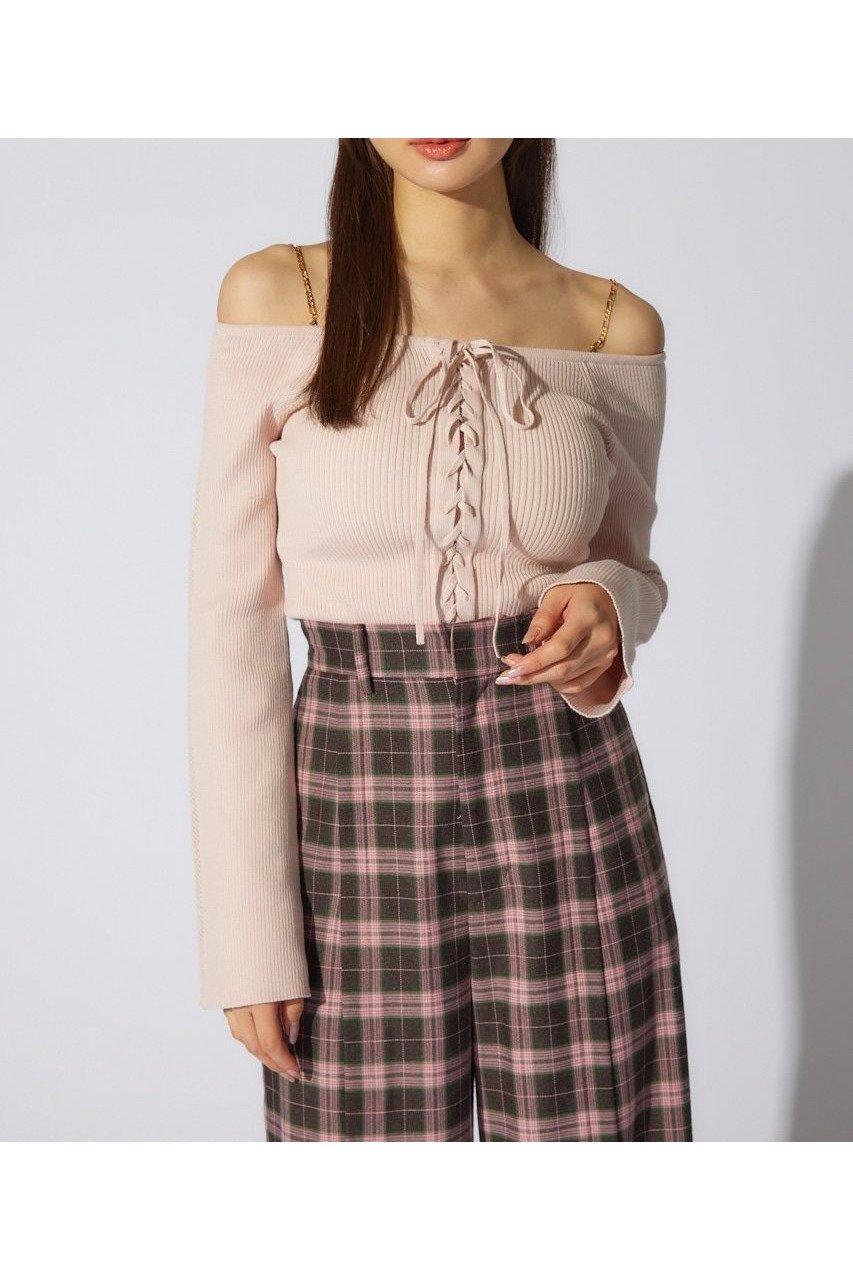 【リエンダ/rienda】のmanywayオフショルニットトップス インテリア・キッズ・メンズ・レディースファッション・服の通販 founy(ファニー) 　ファッション　Fashion　レディースファッション　Fashion for Women　トップス・カットソー　Cut & Sew Tops　ニット　Knit Tops & Sweaters　チェーン　Chain, Chain Strap　デコルテ　Décolleté, Neckline　デニム　Denim, Jeans Material　再入荷　Restock / Back in Stock　L/PNK1|ID: prp329100004641047 ipo3291000000033598403