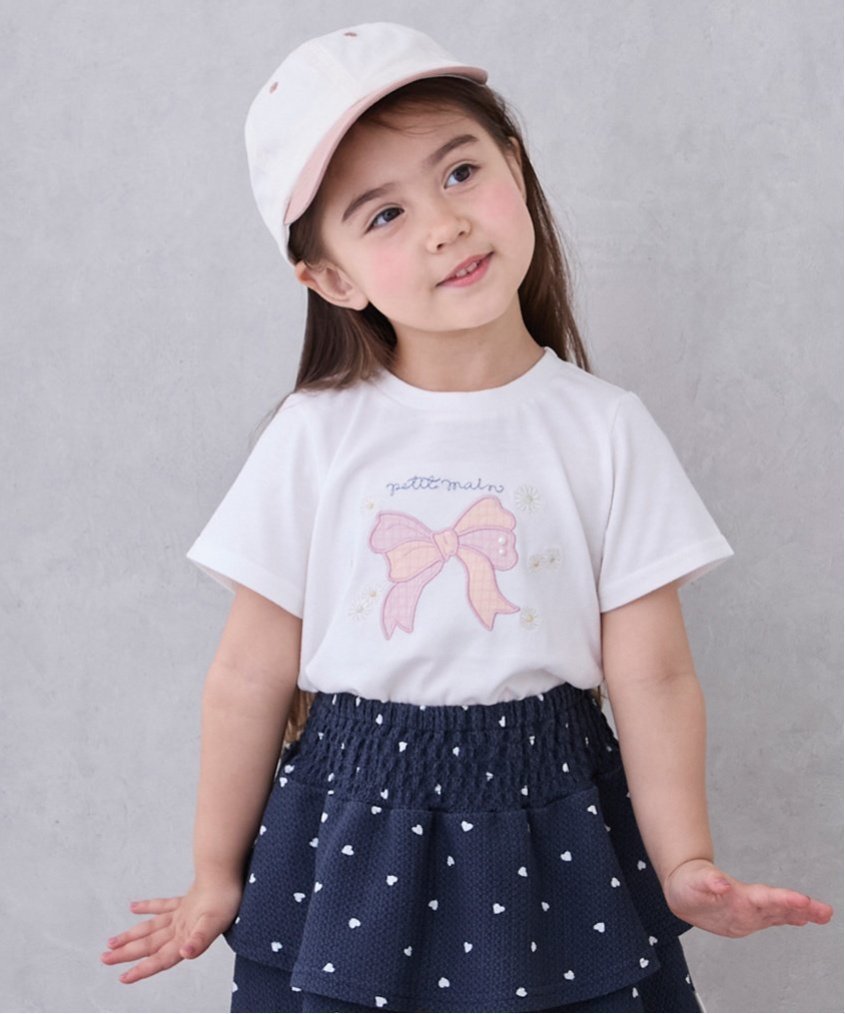 【ナルミヤ オンライン/NARUMIYA ONELINE / KIDS】の【接触冷感】モチーフ半袖Tシャツ インテリア・キッズ・メンズ・レディースファッション・服の通販 founy(ファニー) 　ファッション　Fashion　キッズファッション　Fashion for Kids　ストーン　Stone, Gem-Like　ポケット　Pocket, Pocket Detail　モチーフ　Motif, Design Theme　リボン　Ribbon, Bow　半袖　Short Sleeve, Half Sleeve　オフ ホワイト|ID: prp329100004641423 ipo3291000000033471360