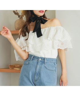 【ミスティ ウーマン/mysty woman】の2WAYスカラップ刺繍プルオーバー 人気、トレンドファッション・服の通販 founy(ファニー) ファッション Fashion レディースファッション Fashion for Women トップス・カットソー Cut & Sew Tops カジュアルプルオーバー・ニットトップス Pullovers & Knit Tops / Casual Pullovers スカラップ Scallop, Scalloped Edge デニム Denim, Jeans Material フェミニン Feminine, Girly 夏 Summer 春 Spring S/S・春夏 SS, Spring/Summer, Warm Season |ID:prp329100004641588