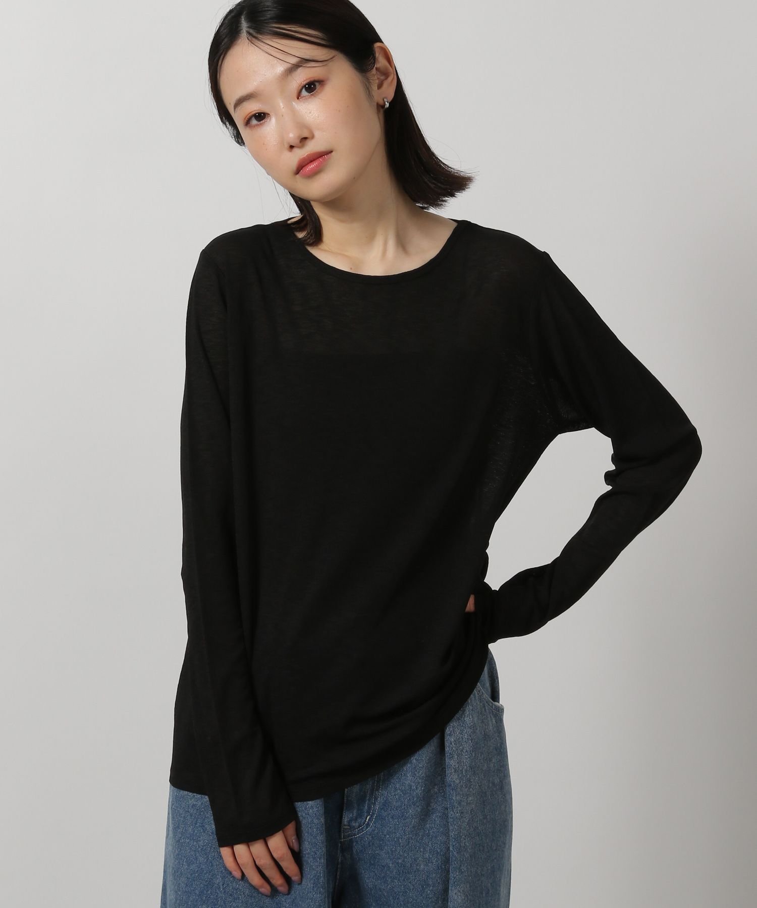 【ラコレ/LAKOLE】のスラブシアー長袖T インテリア・キッズ・メンズ・レディースファッション・服の通販 founy(ファニー) 　ファッション　Fashion　レディースファッション　Fashion for Women　トップス・カットソー　Cut & Sew Tops　インナー　Innerwear　サロペット　Overalls, Salopette　シアー　Sheer, See-Through　シンプル　Simple, Minimal　ジャケット　Jacket, Outerwear　長袖　Long Sleeve, Full Sleeve　ブラック|ID: prp329100004641831 ipo3291000000033833874