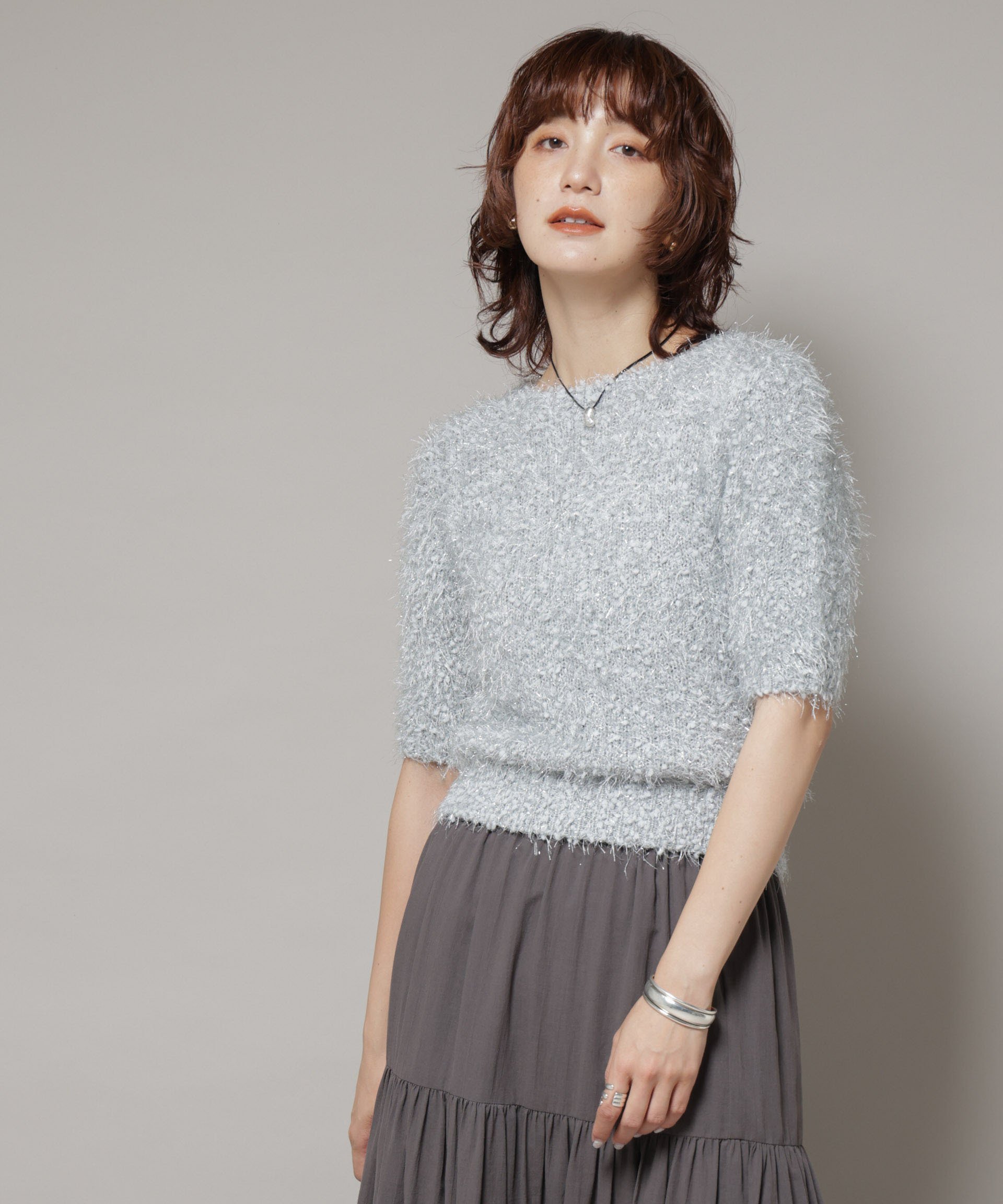 【ナノ ユニバース/nano universe】のシャギーラメコンパクト半袖ニット 人気、トレンドファッション・服の通販 founy(ファニー) 　ファッション　Fashion　レディースファッション　Fashion for Women　トップス・カットソー　Cut & Sew Tops　ニット　Knit Tops & Sweaters　ウォッシャブル　Machine Washable　秋　Autumn　コンパクト　Compact, Small Size　シンプル　Simple, Minimal　スラックス　Slacks, Dress Pants　トレンド　Trend, Trending Now　ネップ　Nepp, Slub Yarn　ベーシック　Basic, Essential　ボトム　Bottoms, Lower Wear　半袖　Short Sleeve, Half Sleeve　冬　Winter / This Winter　おすすめ　Recommended / Our Picks　夏　Summer　エレガント 上品　Elegant　2025年　2025　2025-2026秋冬・A/W　Autumn/Winter 2025–26 AW25–26　 other-1|ID: prp329100004641921 ipo3291000000033478400