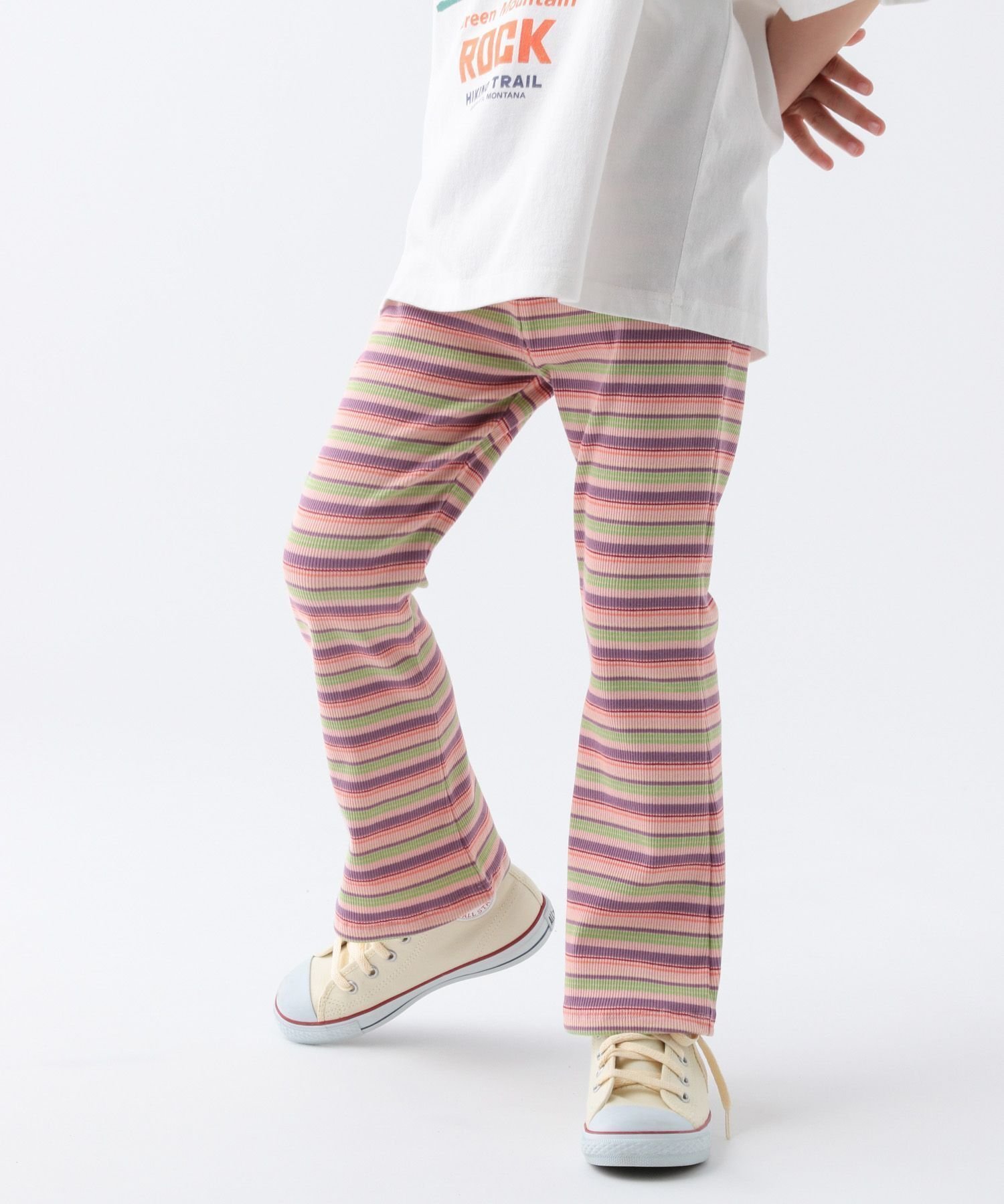 【ベイフロー/BAYFLOW / KIDS】のストレッチ素材 ボーダーフレアパンツ(KIDS) インテリア・キッズ・メンズ・レディースファッション・服の通販 founy(ファニー) 　ファッション　Fashion　キッズファッション　Fashion for Kids　ボトムス　Bottoms　おすすめ　Recommended / Our Picks　ショート　Short, Short Length　スウェット / スエット　Sweatshirt, Sweatwear　ストレッチ　Stretch, Stretchy Fabric　フレア　Flare, Flared　ボーダー　Border, Stripe　レギンス　Leggings, Stretch Pants　冬　Winter / This Winter　ピンク20|ID: prp329100004642103 ipo3291000000033481353