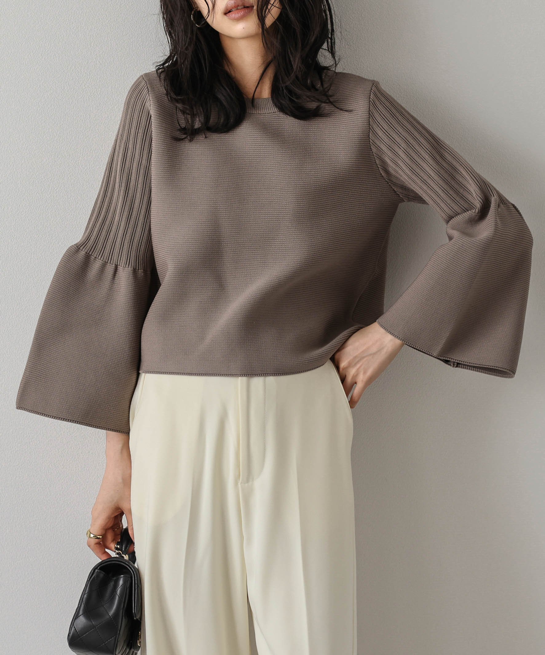 【ラジュール/Lajour】の日本製 リブニットプルオーバー インテリア・キッズ・メンズ・レディースファッション・服の通販 founy(ファニー) 　ファッション　Fashion　レディースファッション　Fashion for Women　トップス・カットソー　Cut & Sew Tops　ニット　Knit Tops & Sweaters　カジュアルプルオーバー・ニットトップス　Pullovers & Knit Tops / Casual Pullovers　おすすめ　Recommended / Our Picks　スリーブ　Sleeve, Long Sleeve / Short Sleeve　フレア　Flare, Flared　エレガント 上品　Elegant　日本製　Made In Japan　モカ|ID: prp329100004642153 ipo3291000000033543690