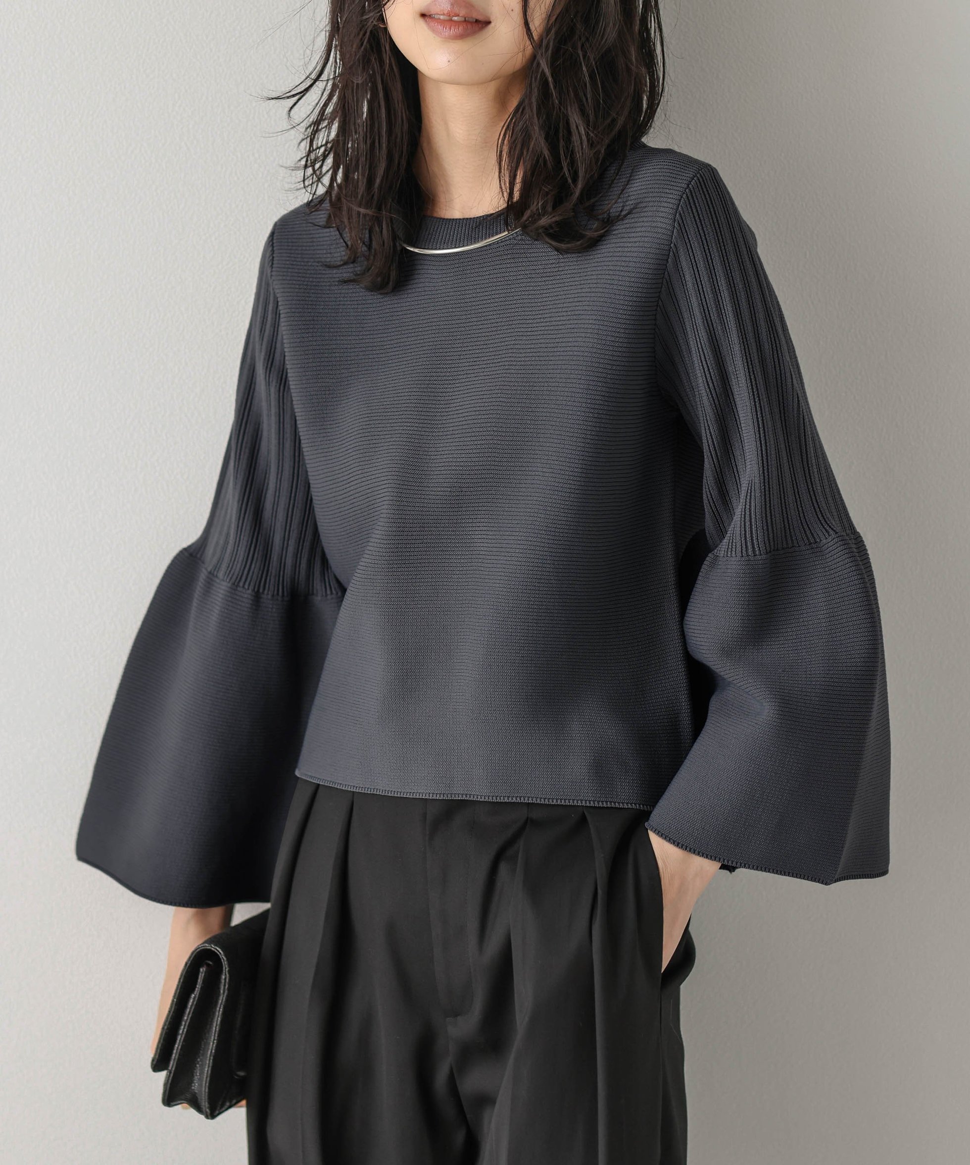 【ラジュール/Lajour】の日本製 リブニットプルオーバー インテリア・キッズ・メンズ・レディースファッション・服の通販 founy(ファニー) 　ファッション　Fashion　レディースファッション　Fashion for Women　トップス・カットソー　Cut & Sew Tops　ニット　Knit Tops & Sweaters　カジュアルプルオーバー・ニットトップス　Pullovers & Knit Tops / Casual Pullovers　おすすめ　Recommended / Our Picks　スリーブ　Sleeve, Long Sleeve / Short Sleeve　フレア　Flare, Flared　エレガント 上品　Elegant　日本製　Made In Japan　グレー|ID: prp329100004642153 ipo3291000000033543692
