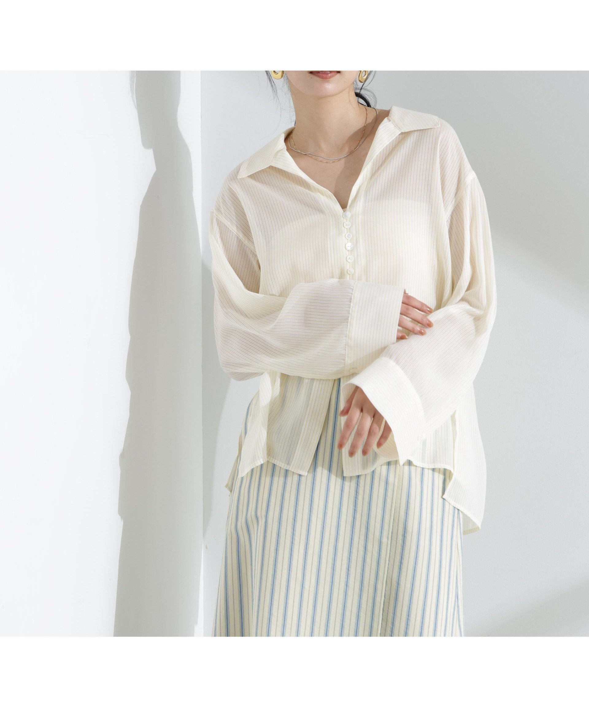 【ナノ ユニバース/nano universe】のマルチボタンシアーストライプシャツ(セットアップ可) 人気、トレンドファッション・服の通販 founy(ファニー) 　ファッション　Fashion　レディースファッション　Fashion for Women　トップス・カットソー　Cut & Sew Tops　シャツ・ブラウス・オフィスカジュアル　Elegant Blouses & Button-Ups　イエロー　Yellow　インナー　Innerwear　春　Spring　カフス　Cuff Design　キャミソール　Camisole, Spaghetti Strap Top　スクエア　Square, Square Shape　ストライプ　Stripe, Striped Pattern　スリット　Slit, Slit Detail　セットアップ　Set-Up, Coordinated Outfit　フロント　Front, Front Design　楽ちん　Easy Fit, Comfortable　ワイド　Wide, Wide Fit　S/S・春夏　SS, Spring/Summer, Warm Season　おすすめ　Recommended / Our Picks　夏　Summer　2025年　2025　2025春夏・S/S　Spring/Summer 2025 SS25　 other-1|ID: prp329100004642357 ipo3291000000033484389