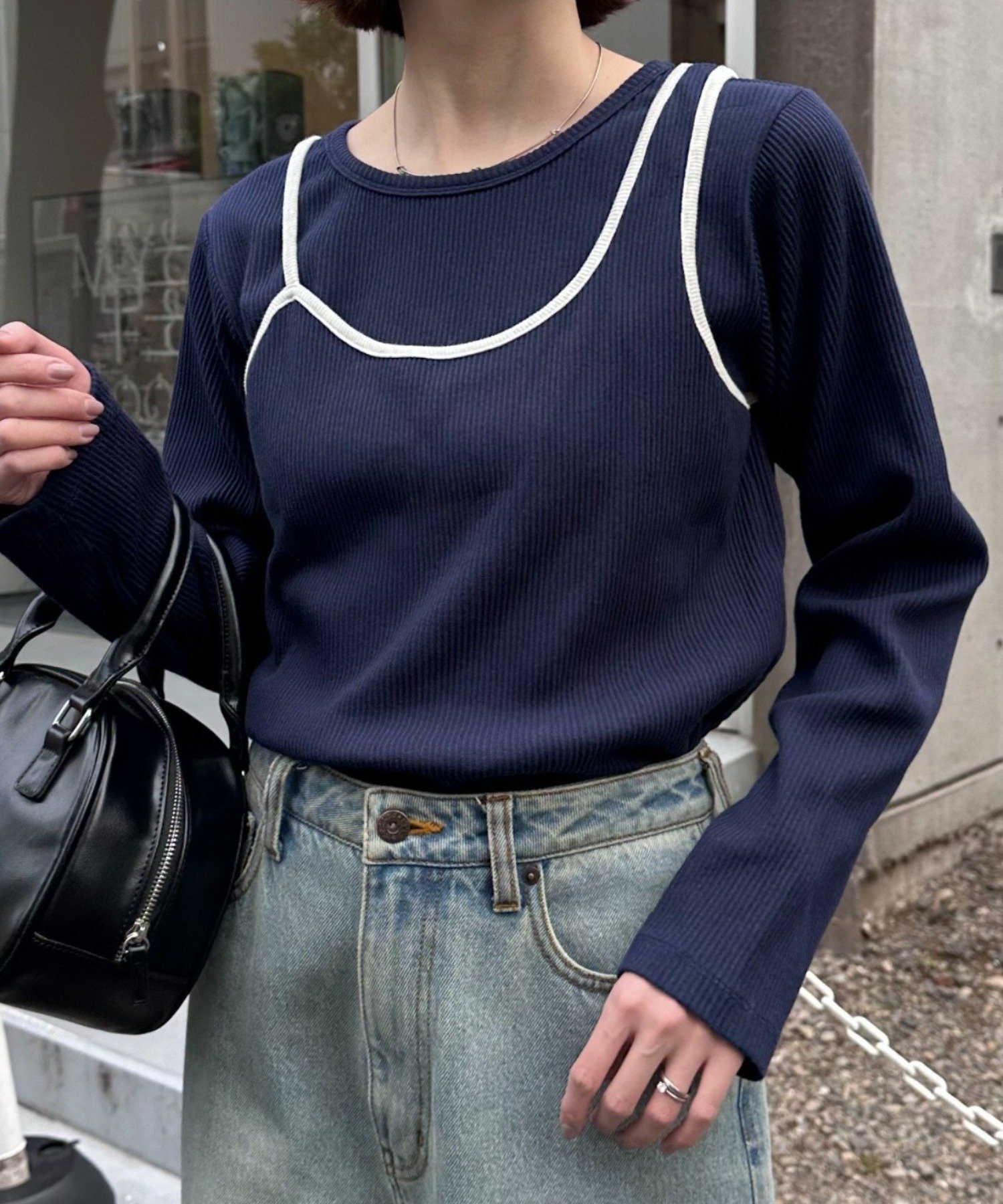 【チャオパニックティピー/CIAOPANIC TYPY】のリブアシメキャミレイヤードトップス インテリア・キッズ・メンズ・レディースファッション・服の通販 founy(ファニー) 　ファッション　Fashion　レディースファッション　Fashion for Women　トップス・カットソー　Cut & Sew Tops　キャミソール&ノースリーブ　Camisoles & Sleeveless Tops　シンプル　Simple, Minimal　スラックス　Slacks, Dress Pants　デニム　Denim, Jeans Material　パイピング　Piping, Trim Design　ボトム　Bottoms, Lower Wear　おすすめ　Recommended / Our Picks　ネイビー|ID: prp329100004642439 ipo3291000000034576536