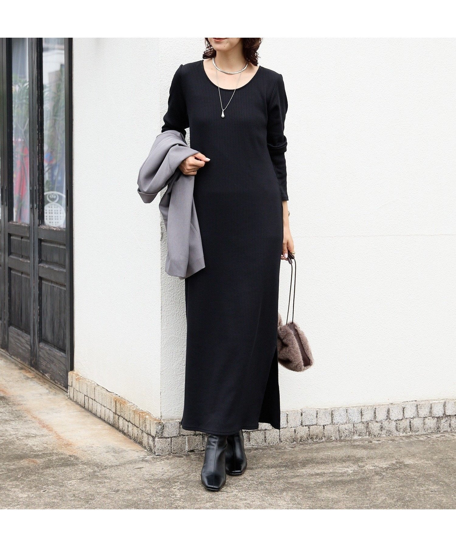 【リヴドロワ/RIVE DROITE】の【全骨格細見え】NEW2WAYロングリブワンピース 人気、トレンドファッション・服の通販 founy(ファニー) 　ファッション　Fashion　レディースファッション　Fashion for Women　ワンピース　Dresses　デコルテ　Décolleté, Neckline　ラウンド　Round, Round Neck　切替　Switching, Contrast Panel　 other-1|ID: prp329100004642805 ipo3291000000033490091