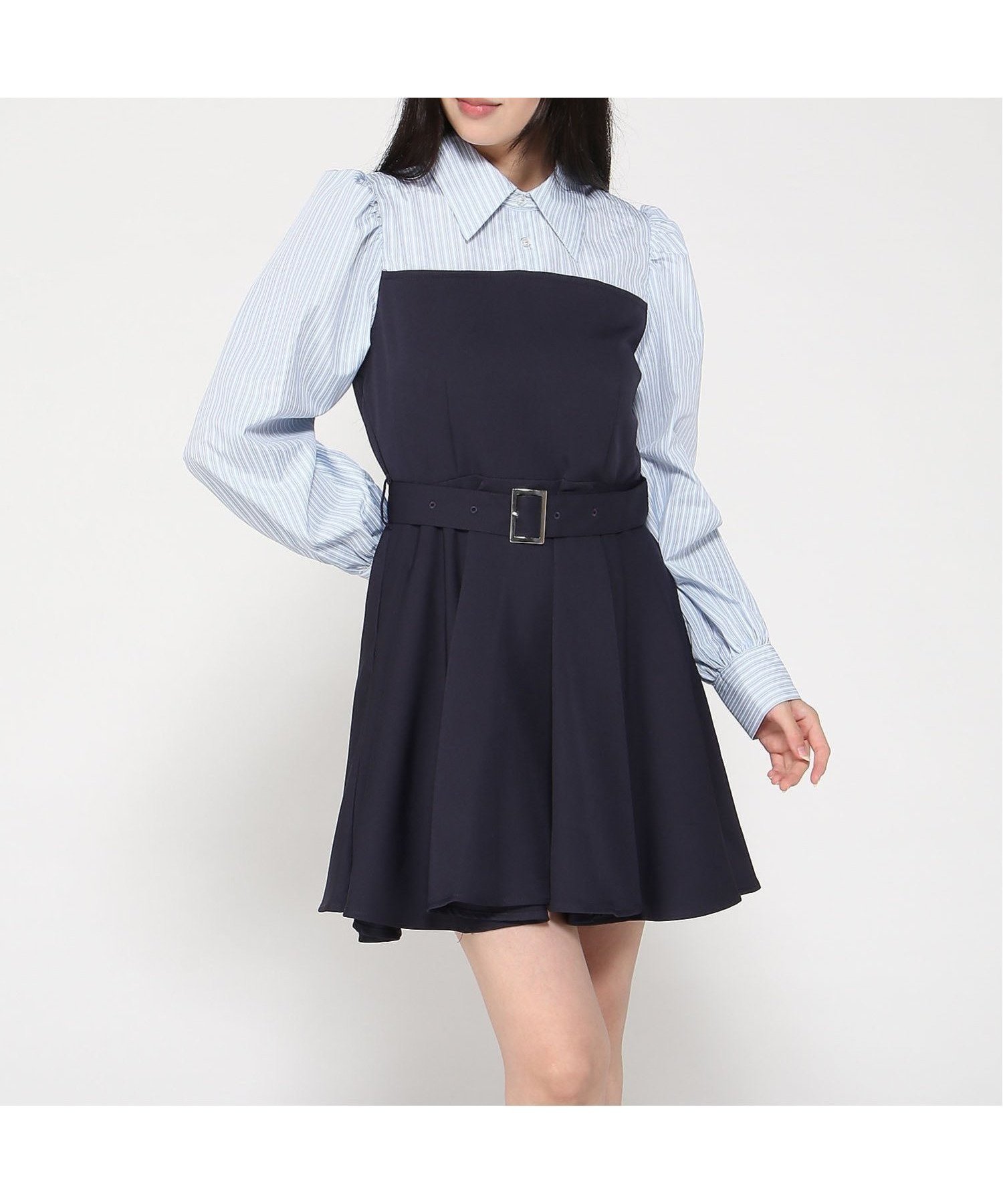 【イング/INGNI】のINGNI/シャツドッキングフレアミニOP インテリア・キッズ・メンズ・レディースファッション・服の通販 founy(ファニー) 　ファッション　Fashion　レディースファッション　Fashion for Women　トップス・カットソー　Cut & Sew Tops　シャツ・ブラウス・オフィスカジュアル　Elegant Blouses & Button-Ups　今季　This Season, Current Season　ストライプ　Stripe, Striped Pattern　スマホ　Smartphone, Mobile Device　ソックス　Socks, Hosiery　ドッキング　Docking, Mixed Material　フレア　Flare, Flared　フロント　Front, Front Design　ロールアップ　Roll-Up, Cuffed Hem　おすすめ　Recommended / Our Picks　コン|ID: prp329100004642831 ipo3291000000033490328