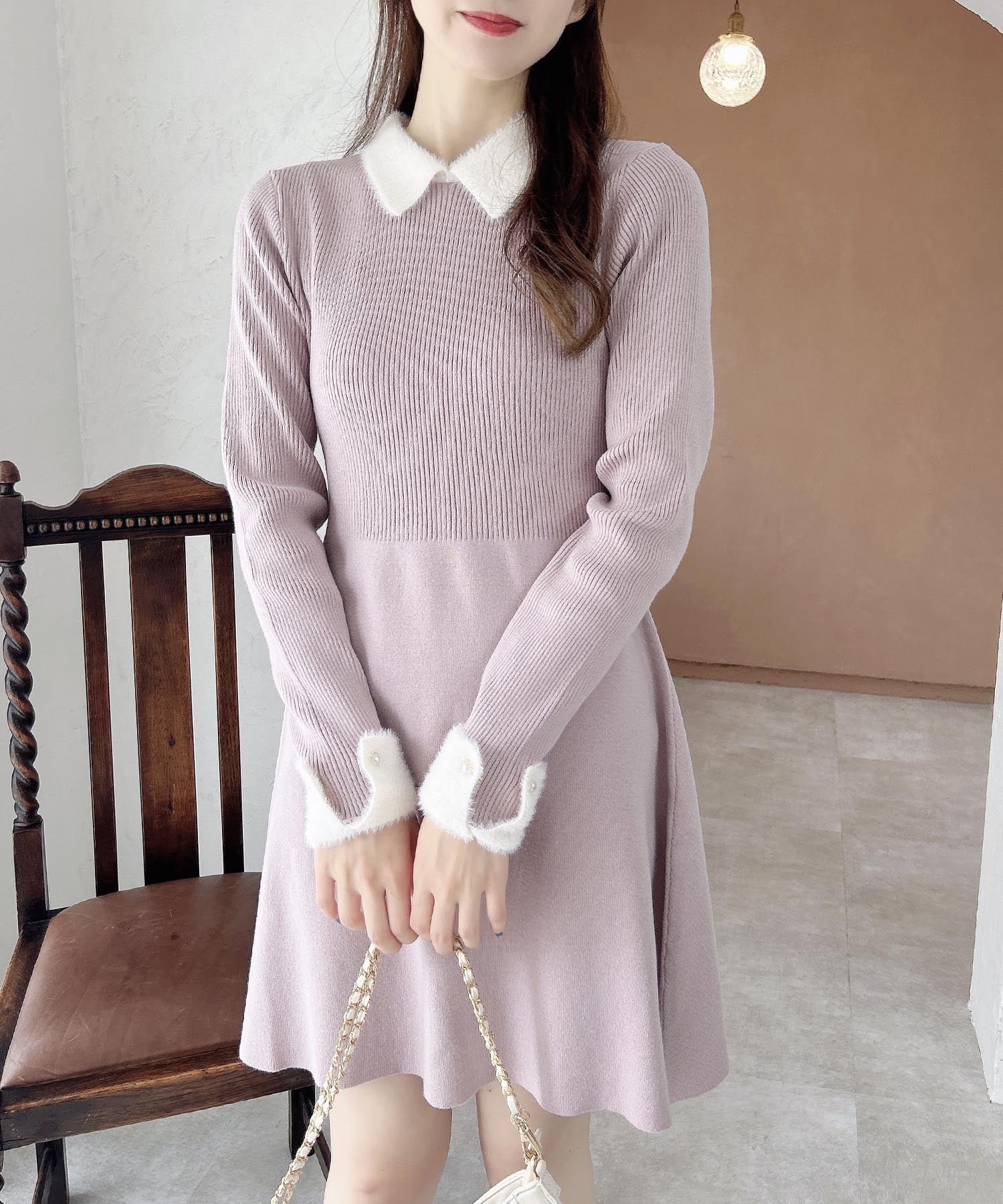 【イング/INGNI】のINGNI/12G PBTリブ衿フェザーニットOP インテリア・キッズ・メンズ・レディースファッション・服の通販 founy(ファニー) 　ファッション　Fashion　レディースファッション　Fashion for Women　トップス・カットソー　Cut & Sew Tops　ニット　Knit Tops & Sweaters　シンプル　Simple, Minimal　スマホ　Smartphone, Mobile Device　フィット　Fit, Slim Fit　フェザー　Feather, Feather Detail　フレア　Flare, Flared　おすすめ　Recommended / Our Picks　エレガント 上品　Elegant　ピンク/オフホワイト|ID: prp329100004642834 ipo3291000000033610438