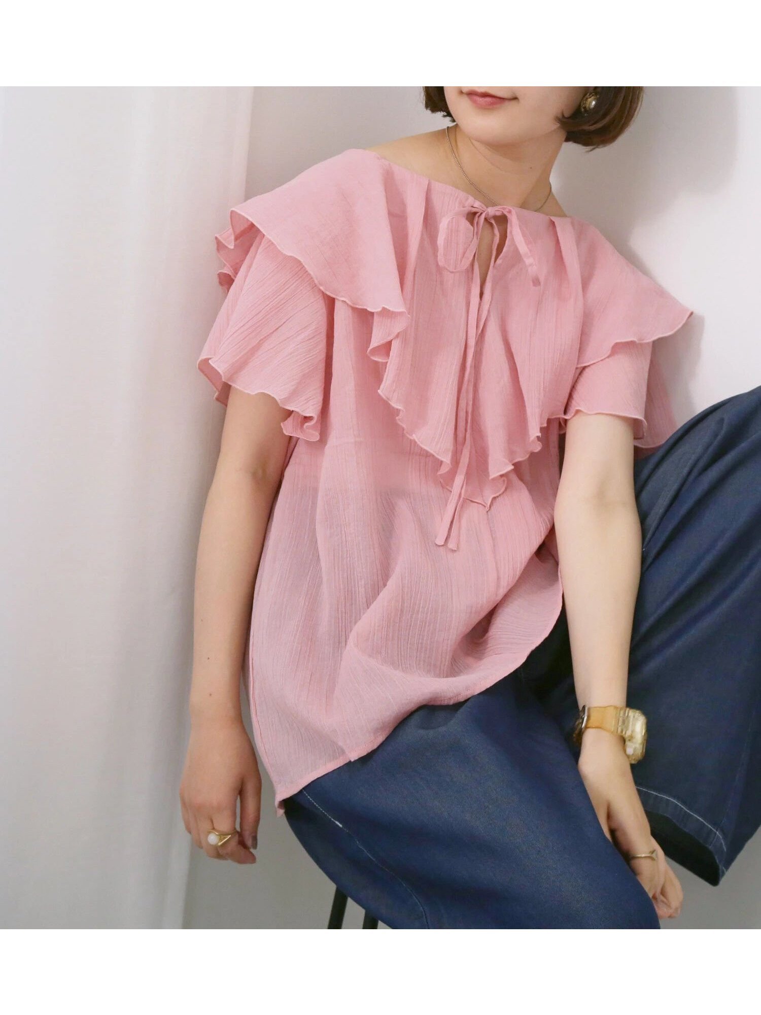 【サマンサモスモス/Samansa Mos2】の◎フリルブラウス インテリア・キッズ・メンズ・レディースファッション・服の通販 founy(ファニー) 　ファッション　Fashion　レディースファッション　Fashion for Women　トップス・カットソー　Cut & Sew Tops　シャツ・ブラウス・オフィスカジュアル　Elegant Blouses & Button-Ups　デニム　Denim, Jeans Material　フリル　Frill, Ruffle　リボン　Ribbon, Bow　ピンク|ID: prp329100004643120 ipo3291000000033493693