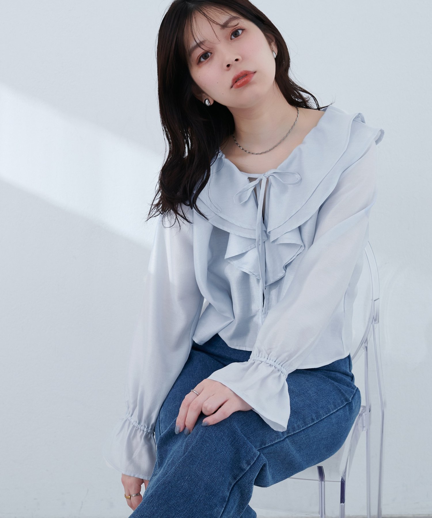 【ナチュラルクチュール/natural couture】の【sherbet line】接触冷感 ラッフル羽織ブラウス インテリア・キッズ・メンズ・レディースファッション・服の通販 founy(ファニー) 　ファッション　Fashion　レディースファッション　Fashion for Women　トップス・カットソー　Cut & Sew Tops　シャツ・ブラウス・オフィスカジュアル　Elegant Blouses & Button-Ups　シアー　Sheer, See-Through　シャーリング　Shirring, Ruched　ダウン　Down, Puffer　デニム　Denim, Jeans Material　フェミニン　Feminine, Girly　フリル　Frill, Ruffle　フレア　Flare, Flared　ポケット　Pocket, Pocket Detail　羽織　Haori, Light Jacket　ラッフル　Ruffle, Frill　おすすめ　Recommended / Our Picks　夏　Summer　2025年　2025　2025春夏・S/S　Spring/Summer 2025 SS25　サックスブルー|ID: prp329100004643157 ipo3291000000033494047