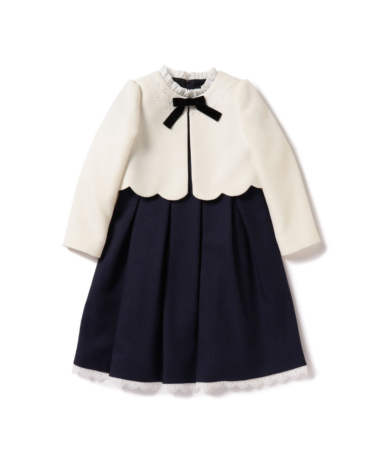 【ビームス/BEAMS / KIDS】のセレモニー ワンピース ボレロ セット(100~130cm) セレモニースーツ セレモニー 卒入園 入学式 卒業式 ハレの日 七五三 お受験 お呼ばれ インテリア・キッズ・メンズ・レディースファッション・服の通販 founy(ファニー) 　ファッション　Fashion　キッズファッション　Fashion for Kids　ワンピース　Dresses　ギャザー　Gathered, Ruffled　スカラップ　Scallop, Scalloped Edge　スタンド　Stand Collar, Upright Stand　スーツ　Suit, Formalwear　セレモニー　Ceremony　チェック　Check, Plaid, Tartan　ボレロ　Bolero, Short Cardigan　リボン　Ribbon, Bow　レース　Lace, Lace Fabric　入学式　Entrance Ceremony　卒業式　Graduation Ceremony　結婚式　Wedding　OFF WHITE×NAVY|ID: prp329100004643188 ipo3291000000034034321
