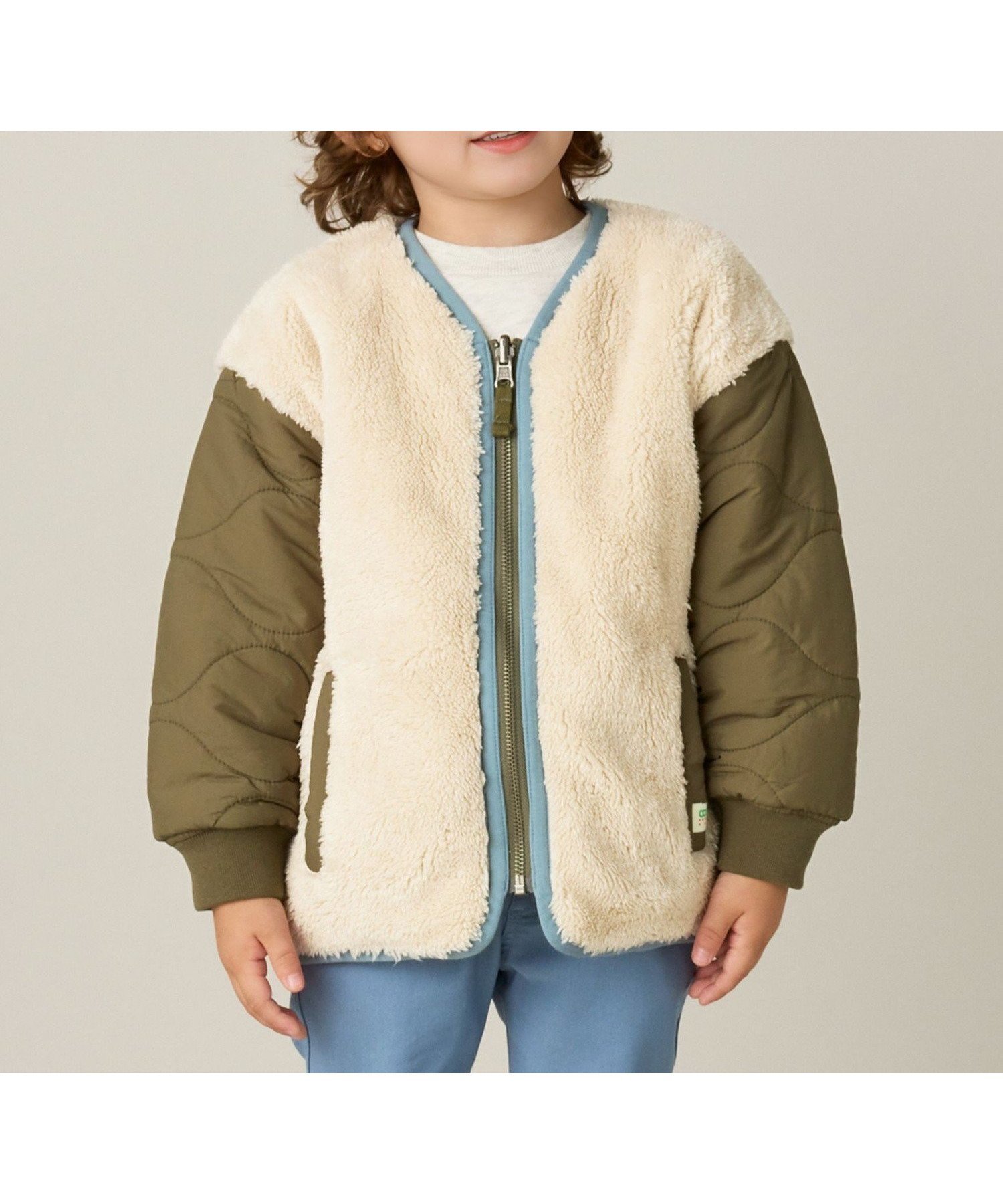 【ビームス/BEAMS / KIDS】のボア リバーシブル ノーカラーブルゾン (90~150cm) インテリア・キッズ・メンズ・レディースファッション・服の通販 founy(ファニー) 　ファッション　Fashion　キッズファッション　Fashion for Kids　キルティング　Quilted, Quilting　ブルゾン　Blouson, Bomber Jacket　リバーシブル　Reversible, Two-Sided　冬　Winter / This Winter　OLIVE×IVORY|ID: prp329100004643221 ipo3291000000033494639