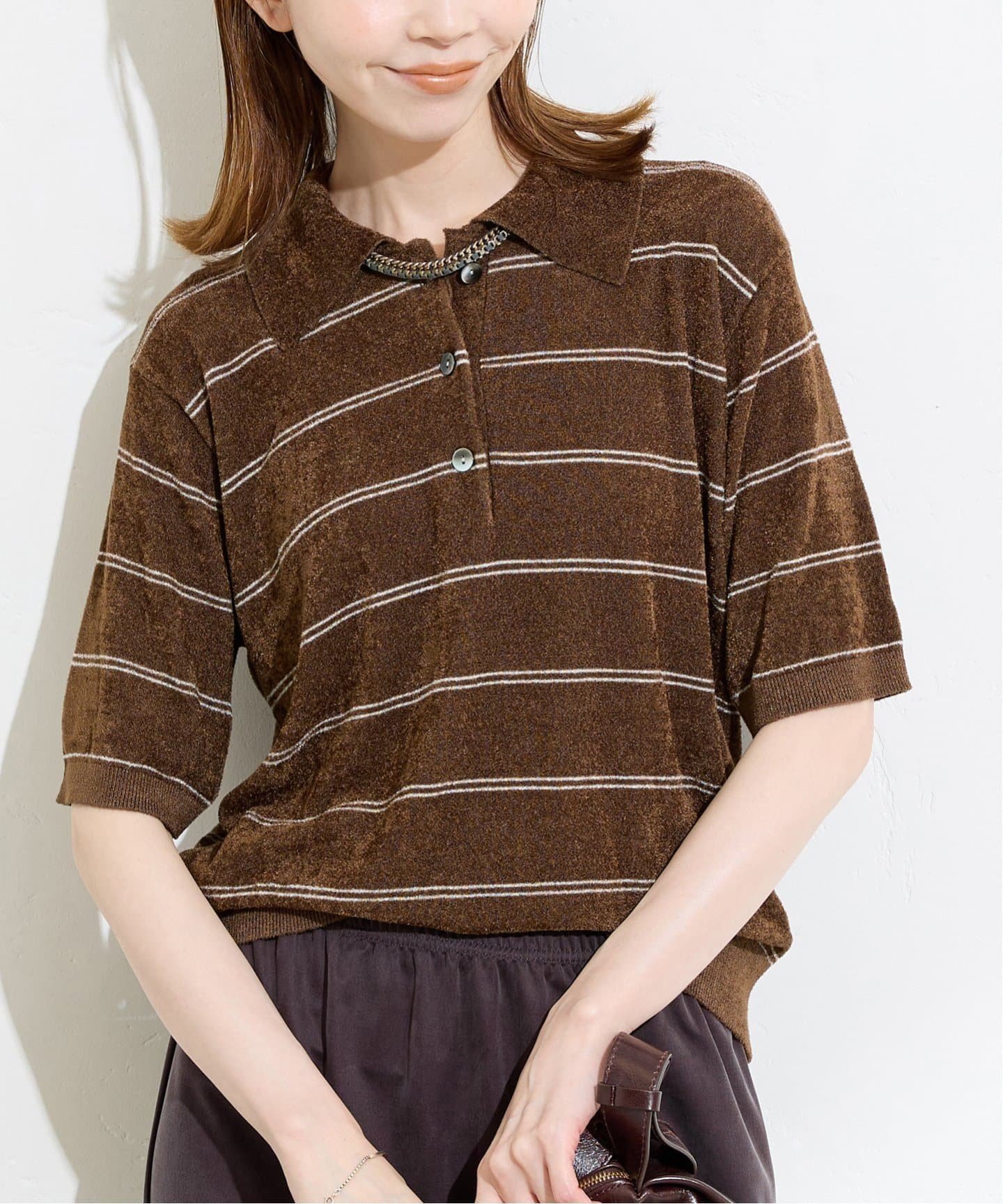 【ジャーナルスタンダード/JOURNAL STANDARD】のベロアニット ポロシャツ インテリア・キッズ・メンズ・レディースファッション・服の通販 founy(ファニー) 　ファッション　Fashion　レディースファッション　Fashion for Women　トップス・カットソー　Cut & Sew Tops　ニット　Knit Tops & Sweaters　シャツ・ブラウス・オフィスカジュアル　Elegant Blouses & Button-Ups　ポロシャツ・きれいめカジュアル　Smart-Casual Polo Tops　ベロアトップス　Velour Tops / Velvet-Look Items　2025年　2025　2025-2026秋冬・A/W　Autumn/Winter 2025–26 AW25–26　ジャケット　Jacket, Outerwear　ブルゾン　Blouson, Bomber Jacket　ベロア　Velour, Soft Velvet　ボーダー　Border, Stripe　ポロシャツ　Polo Shirt, Collared Tee　秋　Autumn　ブラウン A|ID: prp329100004643414 ipo3291000000033496421