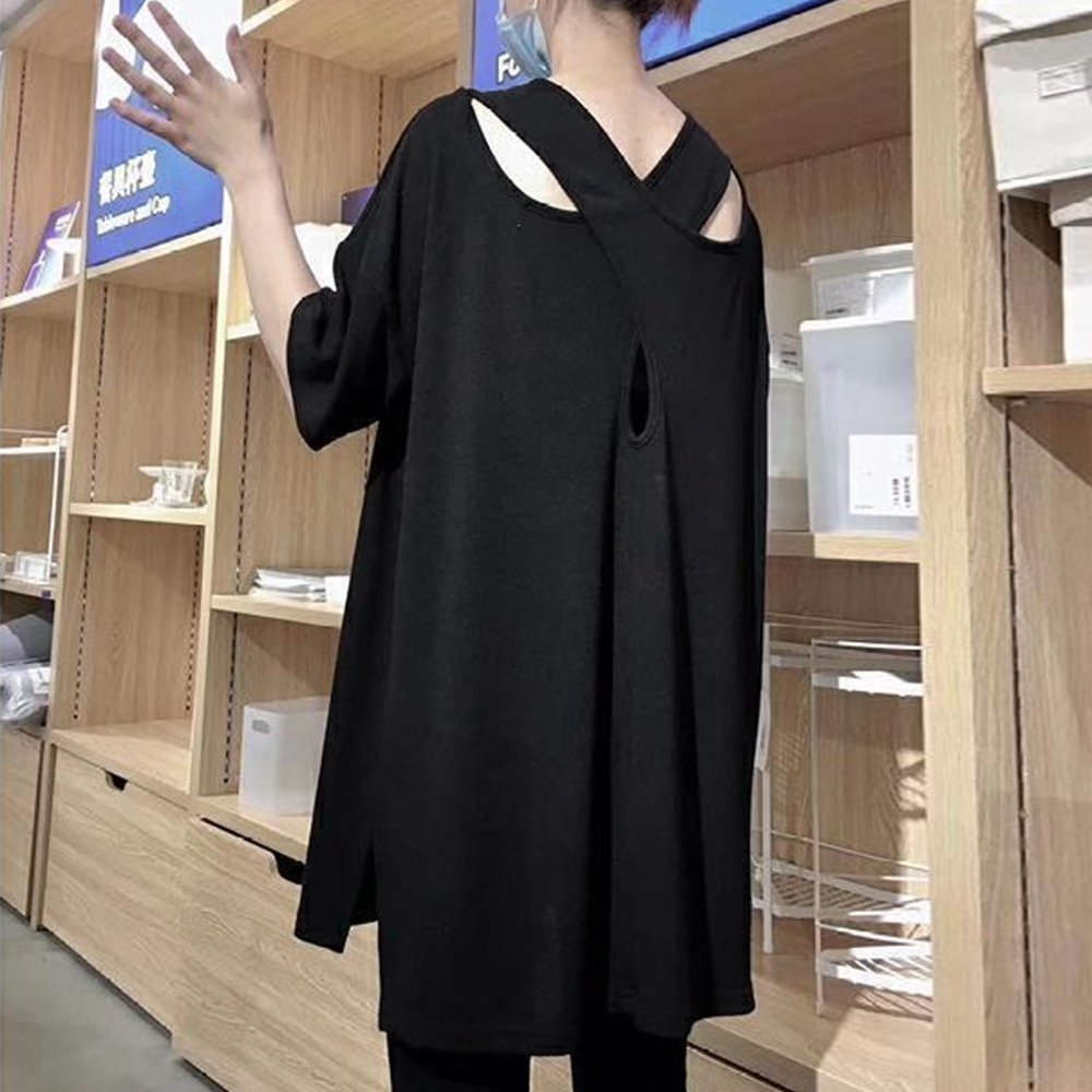 【ミニミニストア/miniministore】のバッククロス tシャツカットソーロング丈 インテリア・キッズ・メンズ・レディースファッション・服の通販 founy(ファニー) 　ファッション　Fashion　レディースファッション　Fashion for Women　トップス・カットソー　Cut & Sew Tops　シャツ・ブラウス・オフィスカジュアル　Elegant Blouses & Button-Ups　ロングTシャツ・Tシャツ　Longline T-Shirts & Tees　カットソー・ベーシックTシャツ　Cut-and-Sewn Tops / Stretch Tees & Basics　カットソー　Cut and Sewn Top　シンプル　Simple, Minimal　チュニック　Tunic, Long Top　ビッグ　Big, Oversized　半袖　Short Sleeve, Half Sleeve　夏　Summer　無地　Plain, Solid Color　ブラック|ID: prp329100004643977 ipo3291000000033504206