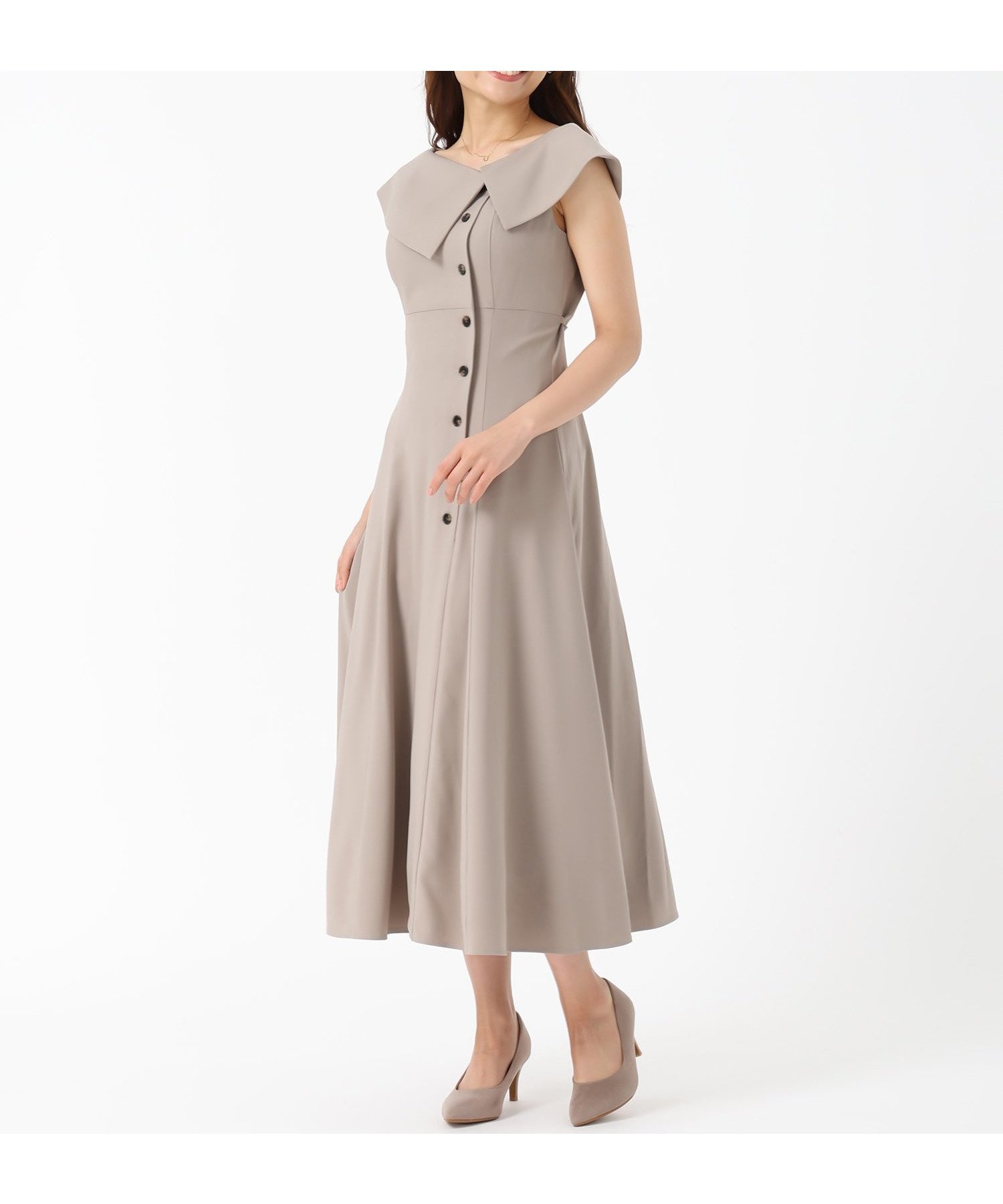 【ミッシュマッシュ/MISCH MASCH】のMM537413 アシメボタンビッグカラーワンピース インテリア・キッズ・メンズ・レディースファッション・服の通販 founy(ファニー) 　ファッション　Fashion　レディースファッション　Fashion for Women　ワンピース　Dresses　アシンメトリー　Asymmetrical Style　ビッグ　Big, Oversized　フレア　Flare, Flared　リボン　Ribbon, Bow　ワンポイント　One Point, Statement Accent　ベージュ|ID: prp329100004644033 ipo3291000000033625575