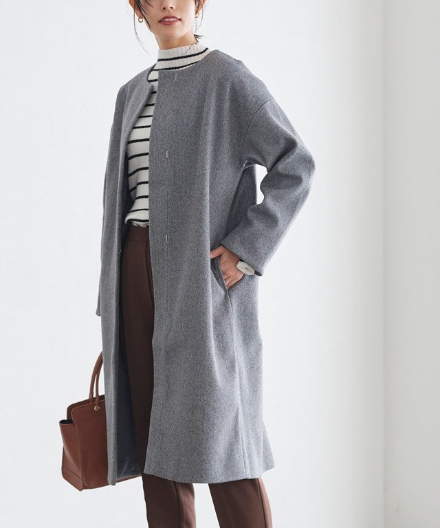 【ピエロ/Pierrot】のメルトンノーカラーコート インテリア・キッズ・メンズ・レディースファッション・服の通販 founy(ファニー) 　ファッション　Fashion　レディースファッション　Fashion for Women　アウター　Coat / Outerwear Collection　コート・ロングコート・ピーコート　Long Coats, Peacoats & More　シンプル　Simple, Minimal　ストール　Stole, Wrap　タートルネック　Turtleneck, High Neck　フロント　Front, Front Design　メルトン　Melton, Heavy Wool　エレガント 上品　Elegant　杢グレー|ID: prp329100004644810 ipo3291000000033517441