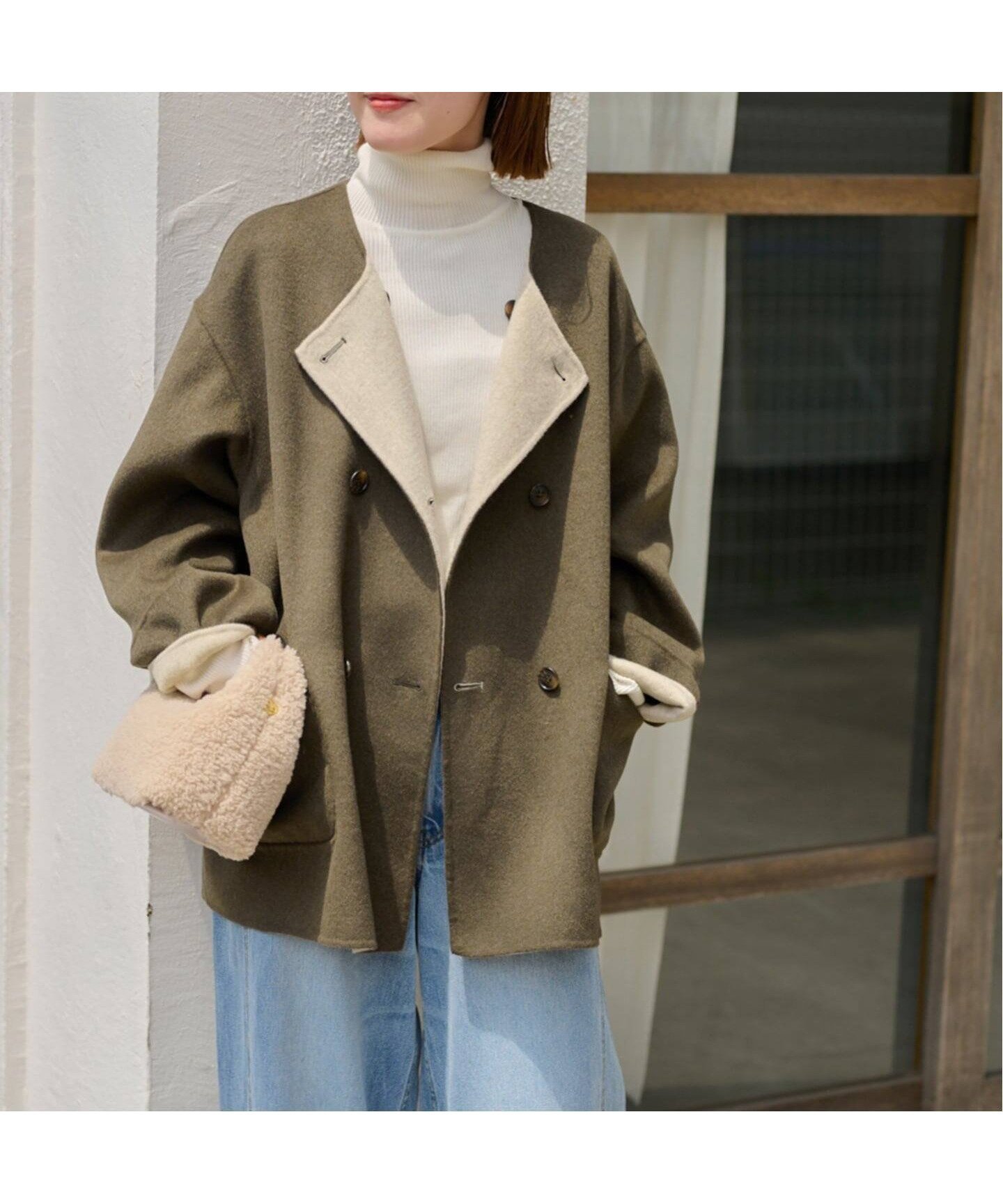 【ジャーナルスタンダード レリューム/JOURNAL STANDARD relume】の25AW新作 / 新色 リバーシブルノーカラーショートコート インテリア・キッズ・メンズ・レディースファッション・服の通販 founy(ファニー) 　ファッション　Fashion　レディースファッション　Fashion for Women　アウター　Coat / Outerwear Collection　コート・ロングコート・ピーコート　Long Coats, Peacoats & More　2025年　2025　2025-2026秋冬・A/W　Autumn/Winter 2025–26 AW25–26　なめらか　Smooth, Silky Texture　ショート　Short, Short Length　ジャケット　Jacket, Outerwear　ダブル　Double, Double-Breasted　フロント　Front, Front Design　エレガント 上品　Elegant　カーキ|ID: prp329100004644969 ipo3291000000033519468
