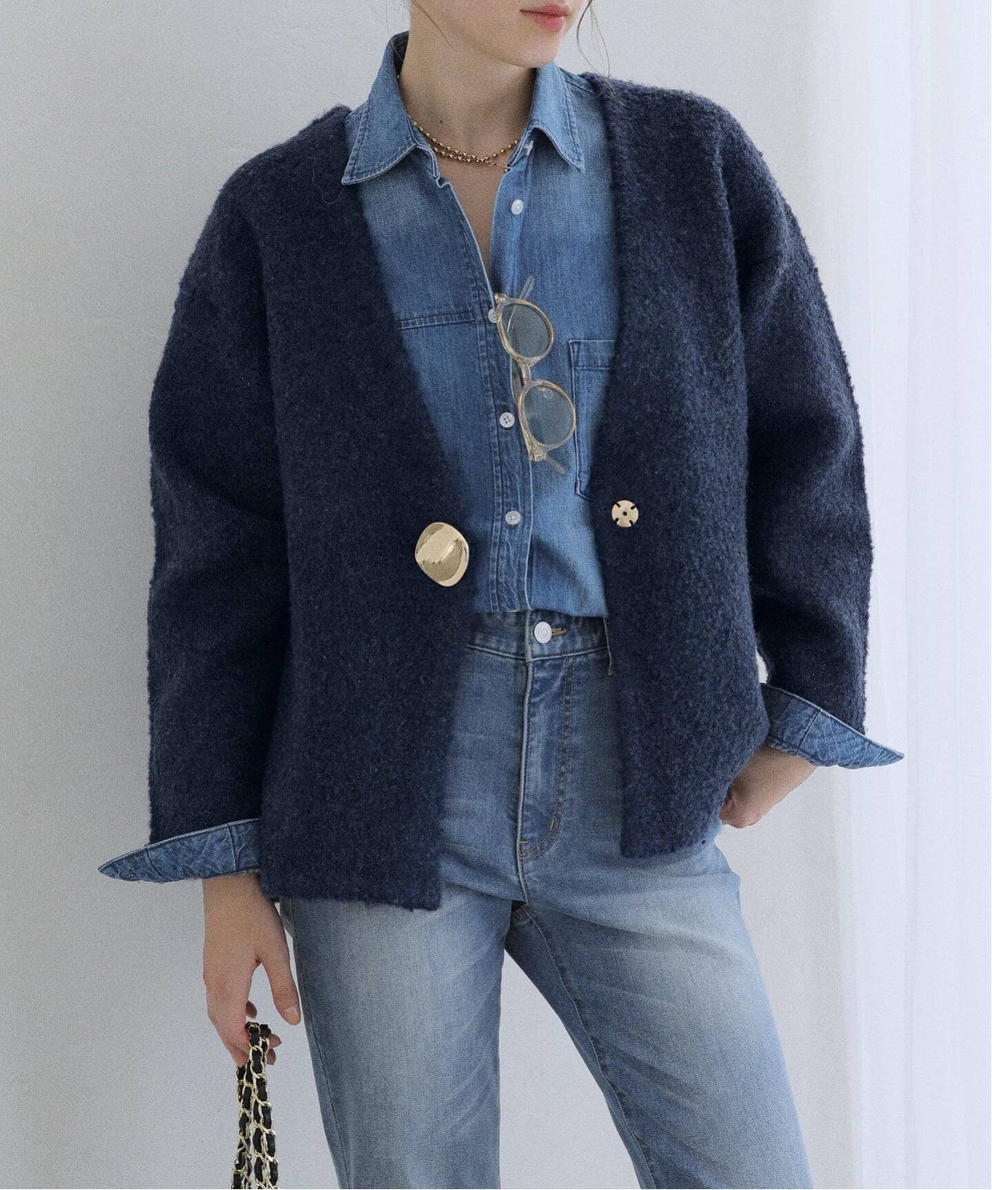 【ラ トータリテ/La TOTALITE】の【洗える】ブークレニットジャケット インテリア・キッズ・メンズ・レディースファッション・服の通販 founy(ファニー) 　ファッション　Fashion　レディースファッション　Fashion for Women　アウター　Coat / Outerwear Collection　レディースジャケット・軽アウター　Jackets　2025年　2025　2025-2026秋冬・A/W　Autumn/Winter 2025–26 AW25–26　シンプル　Simple, Minimal　ジャケット　Jacket, Outerwear　デニム　Denim, Jeans Material　フェミニン　Feminine, Girly　ブローチ　Brooch, Pin Brooch　洗える　Machine Washable　A/W・秋冬　Autumn/Winter　ネイビー|ID: prp329100004645024 ipo3291000000033519930