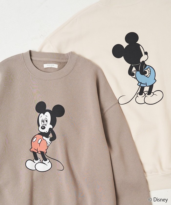 【フリークスストア/FREAK'S STORE】の別注/Mickey Mouse/ミッキーマウス 前後 プリン トvintage 加工 スウェット【限定展開】 24AW インテリア・キッズ・メンズ・レディースファッション・服の通販 founy(ファニー) 　ファッション　Fashion　レディースファッション　Fashion for Women　トップス・カットソー　Cut & Sew Tops　レディースパーカー・カジュアルフーディー　Casual Hoodies & Sweatshirts　スウェット・クルーネックトップス　Sweatshirts & Crewnecks / Relaxed Fit Sweat Tops　ヴィンテージ　Vintage Style　サテン　Satin, Glossy Fabric　ジャケット　Jacket, Outerwear　スウェット / スエット　Sweatshirt, Sweatwear　スペシャル　Special, Limited Edition　人気　Popular, Best Seller　ビッグ　Big, Oversized　フェミニン　Feminine, Girly　フレア　Flare, Flared　プリント　Print, Printed Pattern　ベーシック　Basic, Essential　別注　Limited Edition, Custom Order　A/W・秋冬　Autumn/Winter　冬　Winter / This Winter　おすすめ　Recommended / Our Picks　2024年　2024　2024-2025秋冬・A/W　Autumn/Winter 2024–25 AW24–25　ベージュ|ID: prp329100004645292 ipo3291000000033555283