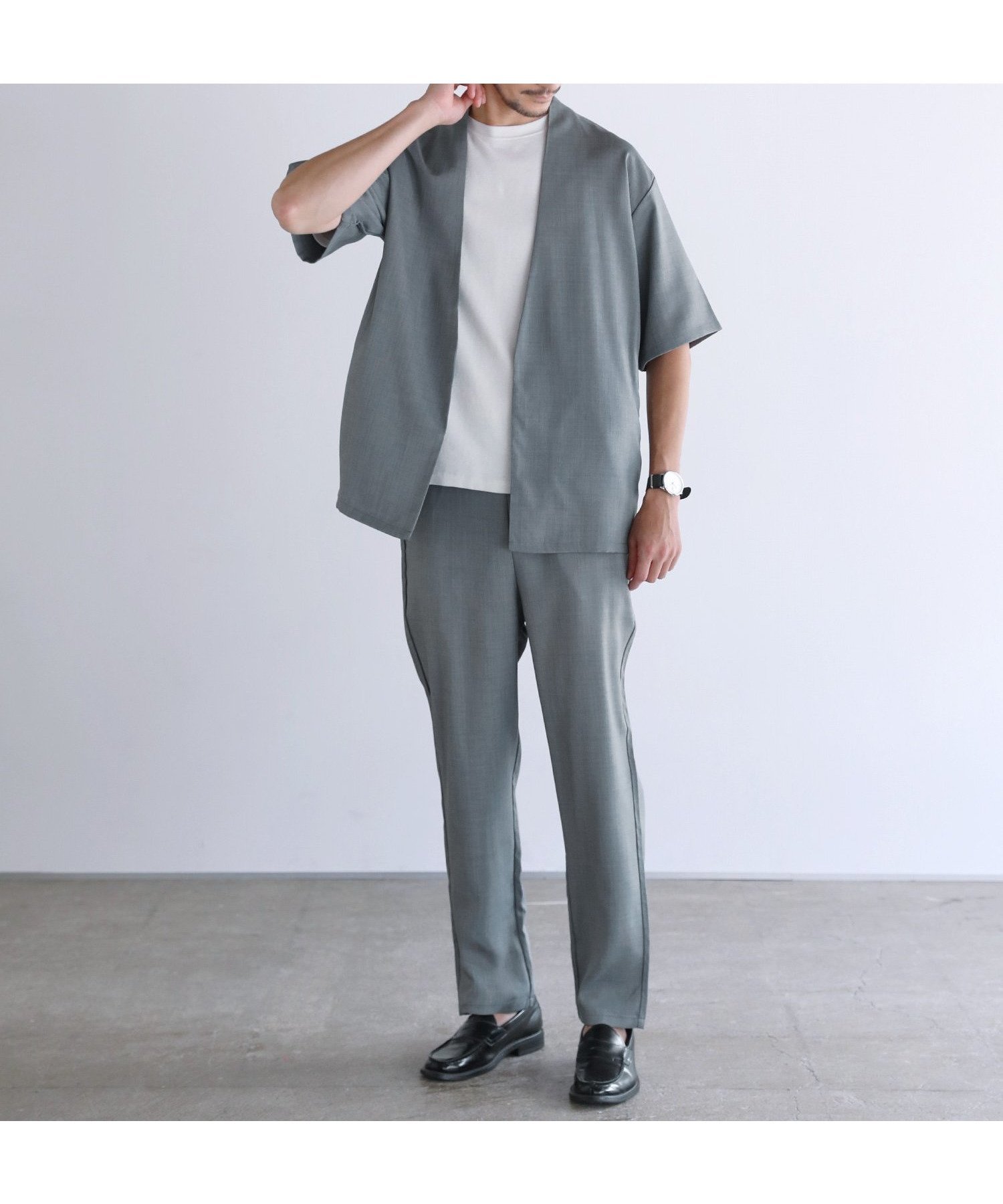 【ザ カジュアル/THE CASUAL / MEN】の【セットアップ 2点セット】接触冷感テックリネンノーカラー半袖カーデorオープンカラー半袖シャツ/&テーパードパンツセットアップ インテリア・キッズ・メンズ・レディースファッション・服の通販 founy(ファニー) 　ファッション　Fashion　メンズファッション　Fashion for Men　ボトムス　Bottoms　セットアップ　Set-Up, Coordinated Outfit　リネン　Linen, Linen Fabric　半袖　Short Sleeve, Half Sleeve　夏　Summer　ライトグレー|ID: prp329100004645710 ipo3291000000033530595