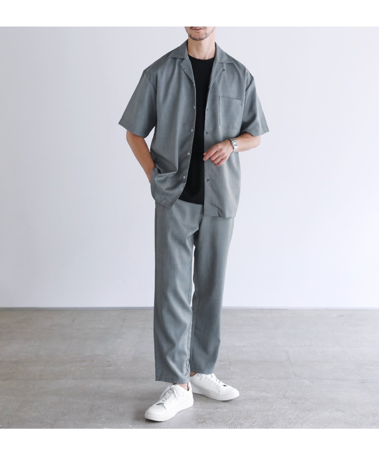 【ザ カジュアル/THE CASUAL / MEN】の【セットアップ 2点セット】接触冷感テックリネンノーカラー半袖カーデorオープンカラー半袖シャツ/&テーパードパンツセットアップ インテリア・キッズ・メンズ・レディースファッション・服の通販 founy(ファニー) 　ファッション　Fashion　メンズファッション　Fashion for Men　ボトムス　Bottoms　セットアップ　Set-Up, Coordinated Outfit　リネン　Linen, Linen Fabric　半袖　Short Sleeve, Half Sleeve　夏　Summer　グレー系2|ID: prp329100004645710 ipo3291000000033530603