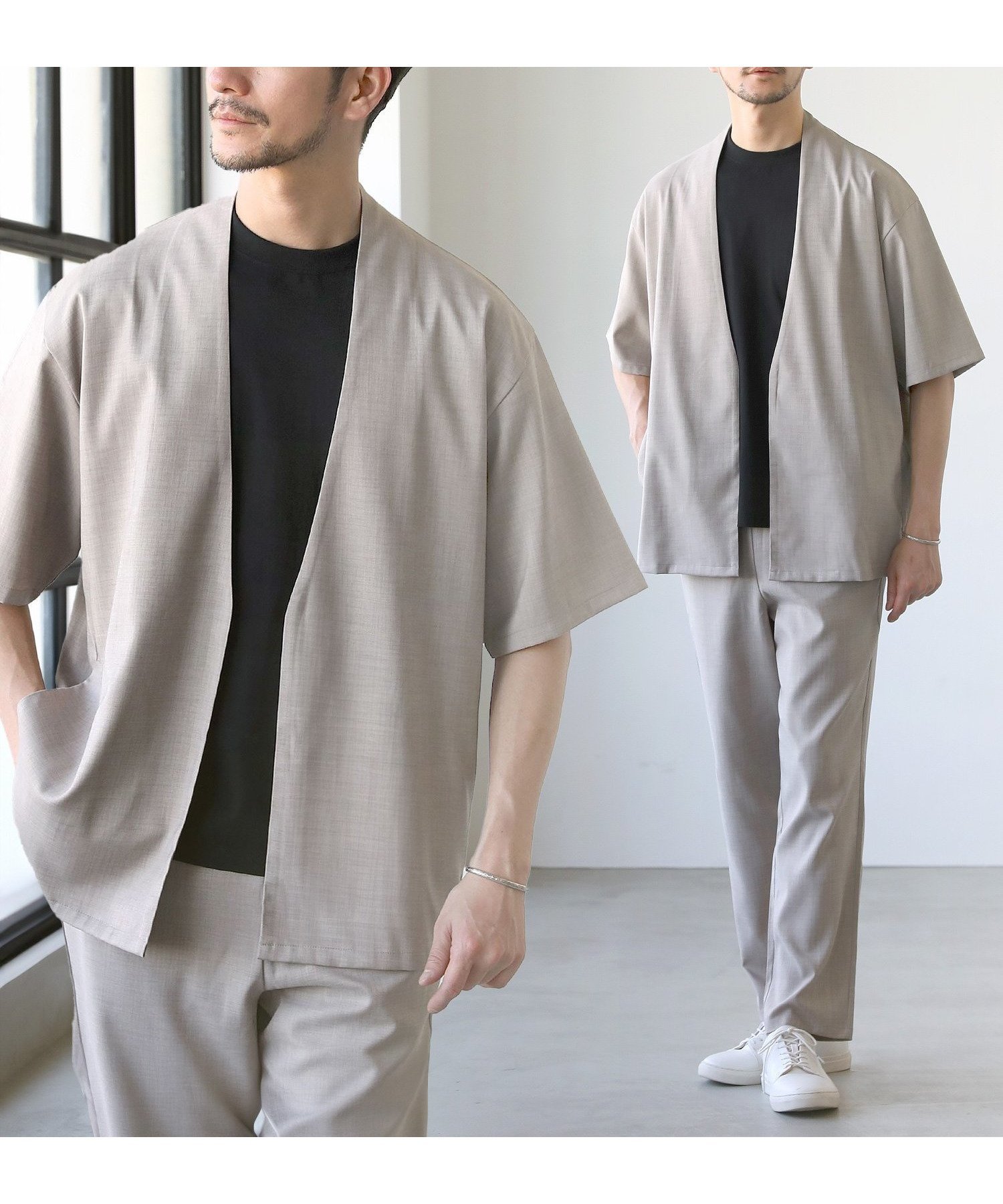 【ザ カジュアル/THE CASUAL / MEN】の【セットアップ 2点セット】接触冷感テックリネンノーカラー半袖カーデorオープンカラー半袖シャツ/&テーパードパンツセットアップ インテリア・キッズ・メンズ・レディースファッション・服の通販 founy(ファニー) 　ファッション　Fashion　メンズファッション　Fashion for Men　ボトムス　Bottoms　セットアップ　Set-Up, Coordinated Outfit　リネン　Linen, Linen Fabric　半袖　Short Sleeve, Half Sleeve　夏　Summer　グレージュ|ID: prp329100004645710 ipo3291000000033530606