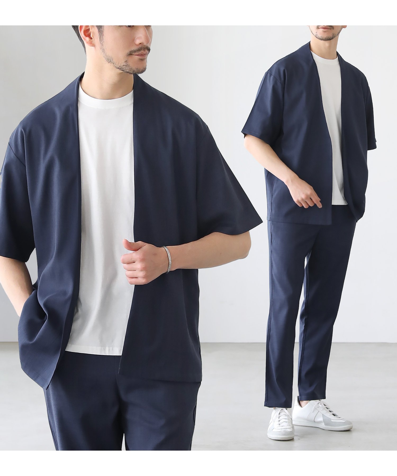【ザ カジュアル/THE CASUAL / MEN】の【セットアップ 2点セット】接触冷感テックリネンノーカラー半袖カーデorオープンカラー半袖シャツ/&テーパードパンツセットアップ インテリア・キッズ・メンズ・レディースファッション・服の通販 founy(ファニー) 　ファッション　Fashion　メンズファッション　Fashion for Men　ボトムス　Bottoms　セットアップ　Set-Up, Coordinated Outfit　リネン　Linen, Linen Fabric　半袖　Short Sleeve, Half Sleeve　夏　Summer　ネイビー|ID: prp329100004645710 ipo3291000000033530608